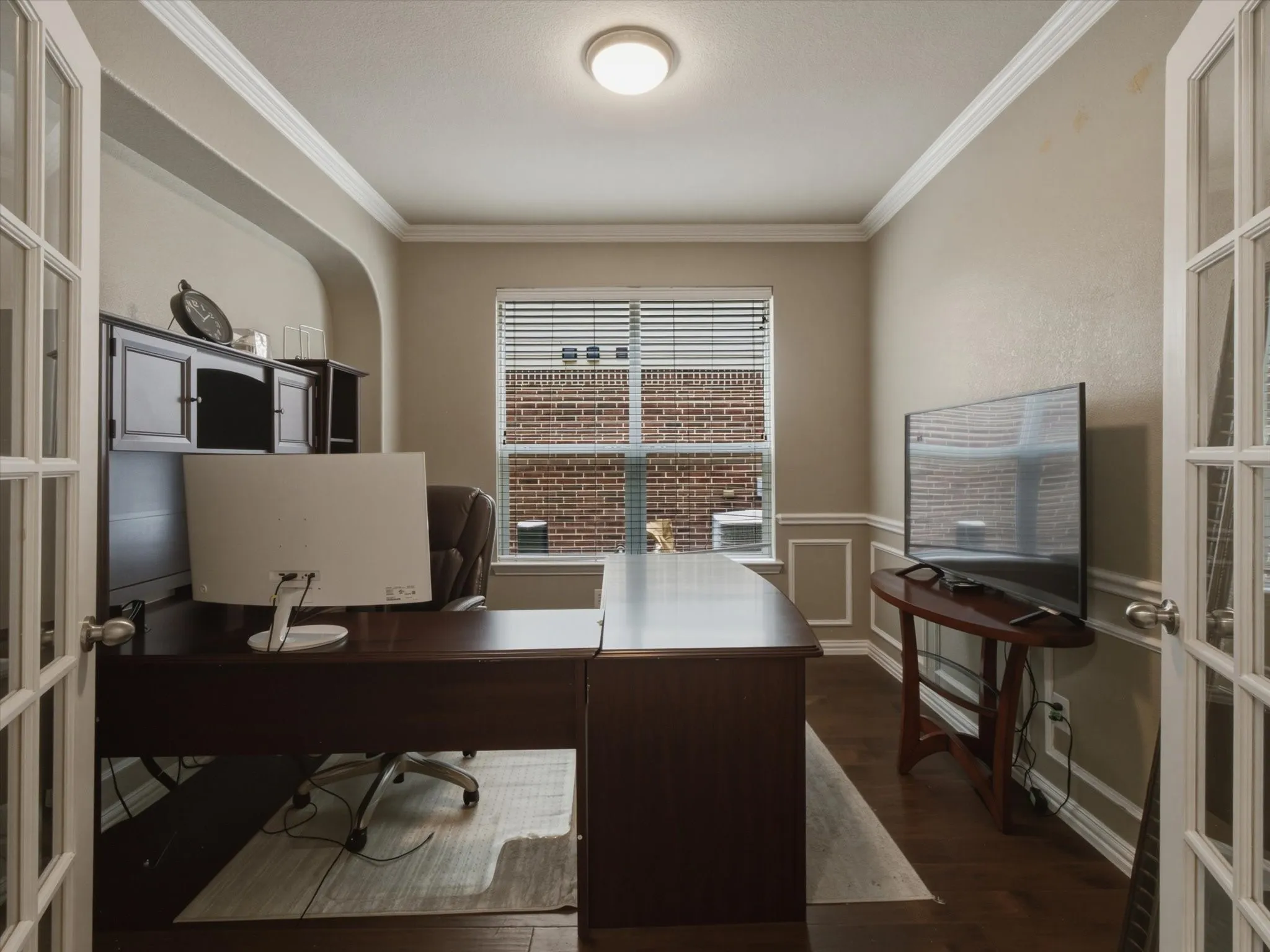 Office space with wood-finish flooring