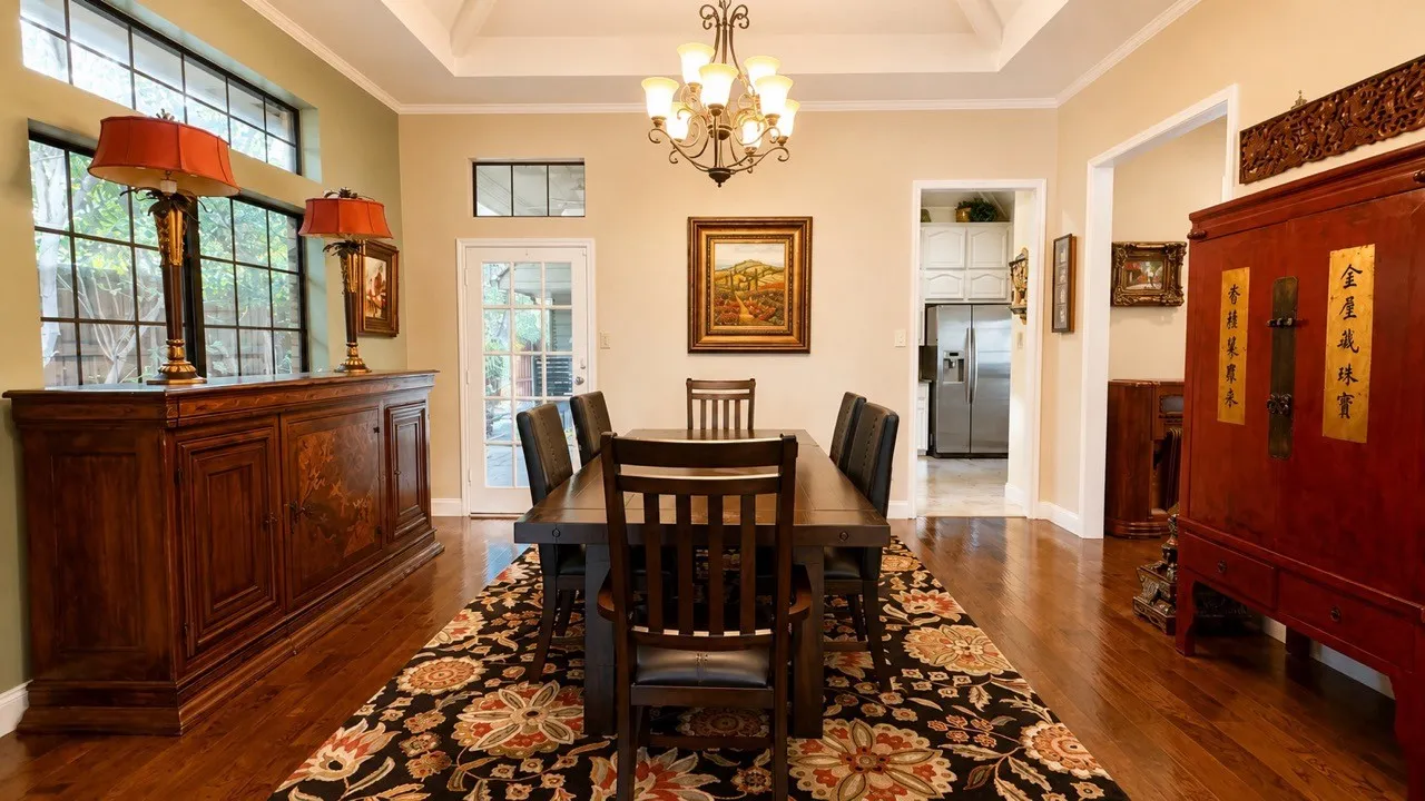 Dining room is open to the kitchen and a private patio with gas grille (connected)