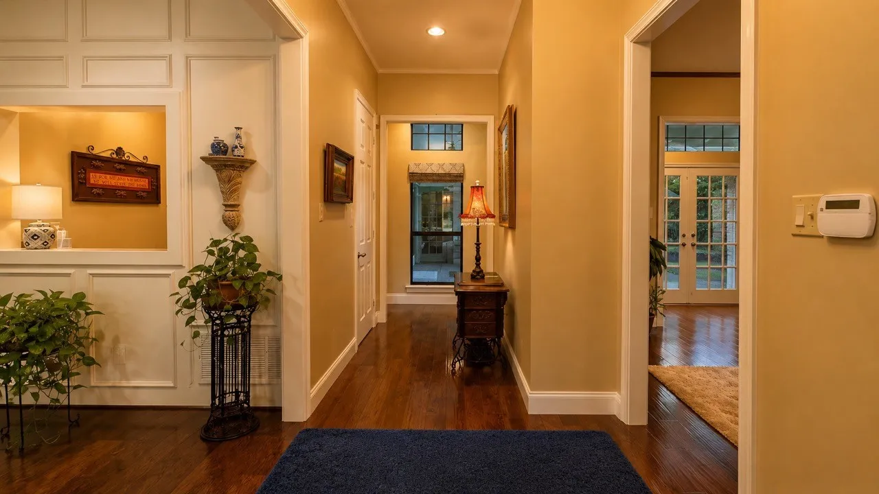 Walk in wet bar is centrally located to serve the living and dining rooms