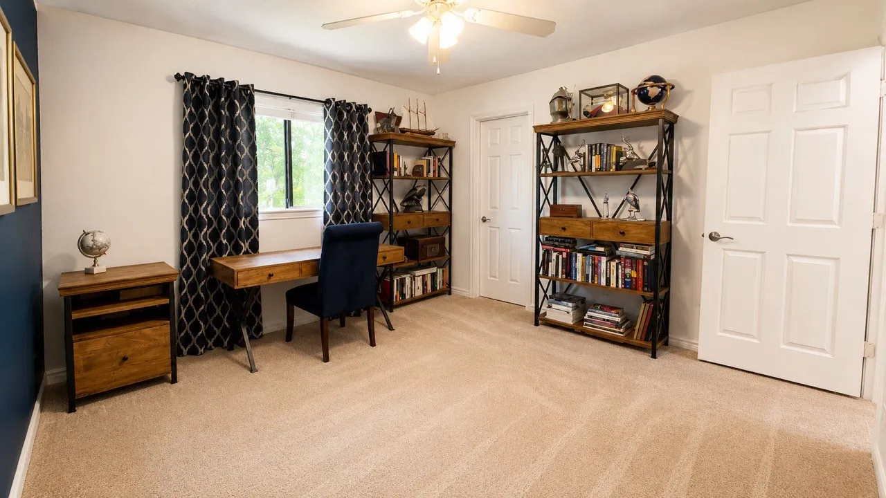 Bedroom currently set up as a home office. This bedroom and bedroom 4 share a Jack and Jill bath