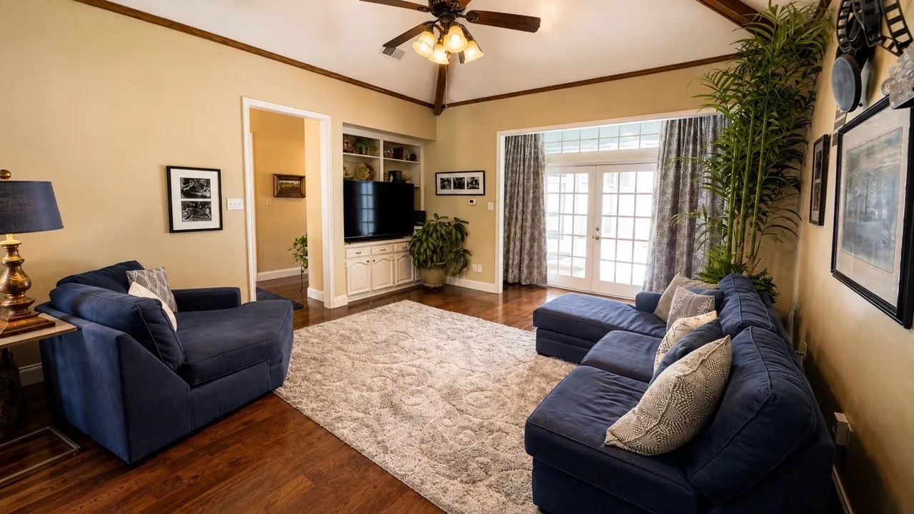 French doors in the hallway open to the patio and pool area