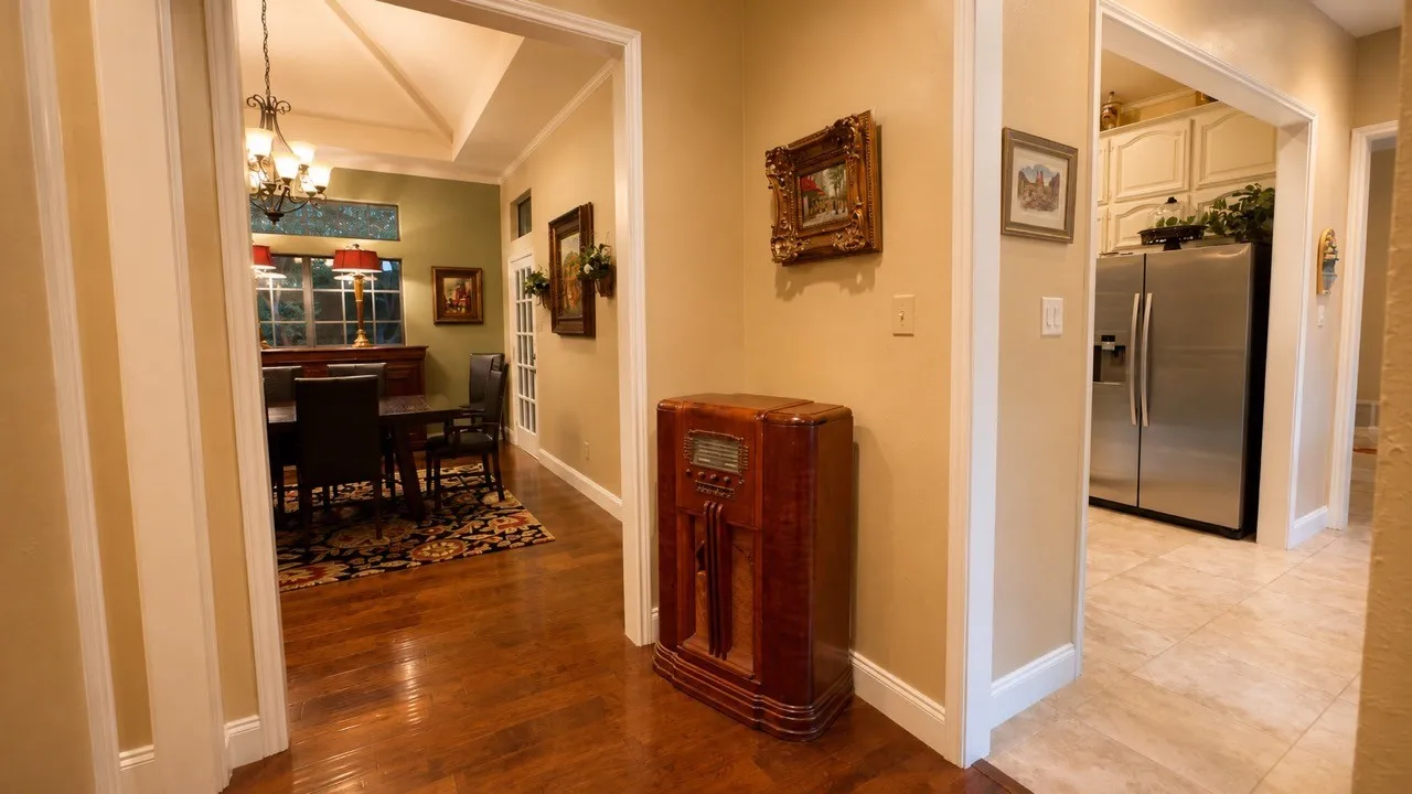 Just outside the dining room and kitchen