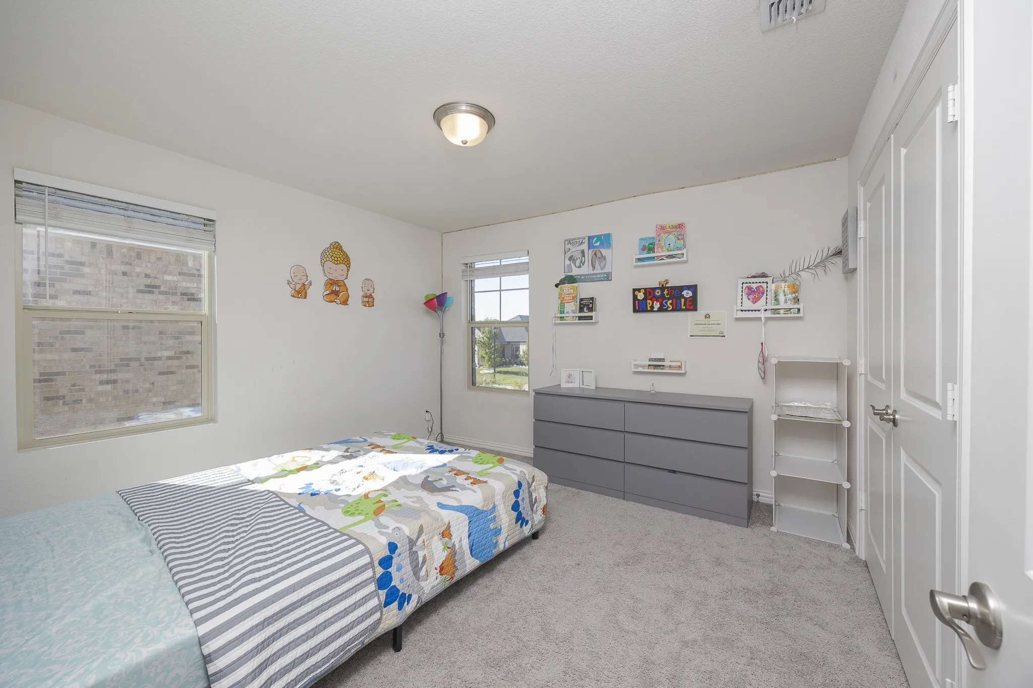 Plush carpeted flooring, two windows with blinds, a ceiling-mounted light fixture, and a solid door with satin nickel hardware