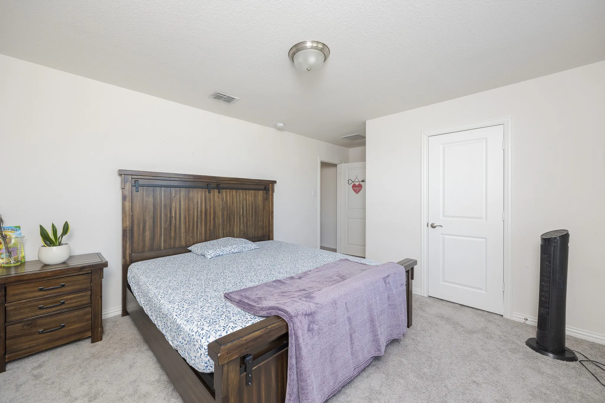 White painted walls, light gray carpet flooring, and a white interior door with brushed nickel hardware