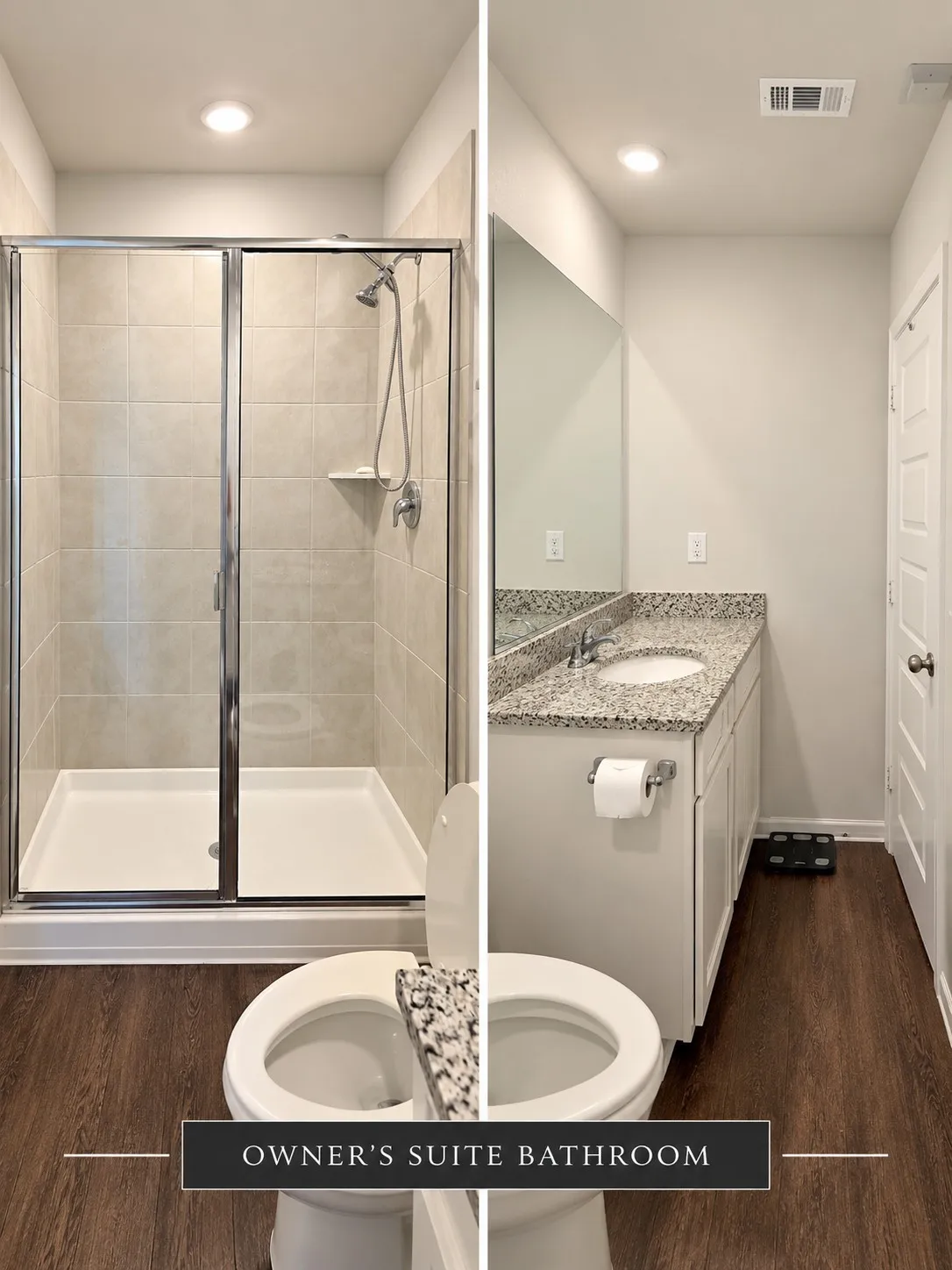 Walk-in shower with clear glass enclosure and subway tile surround