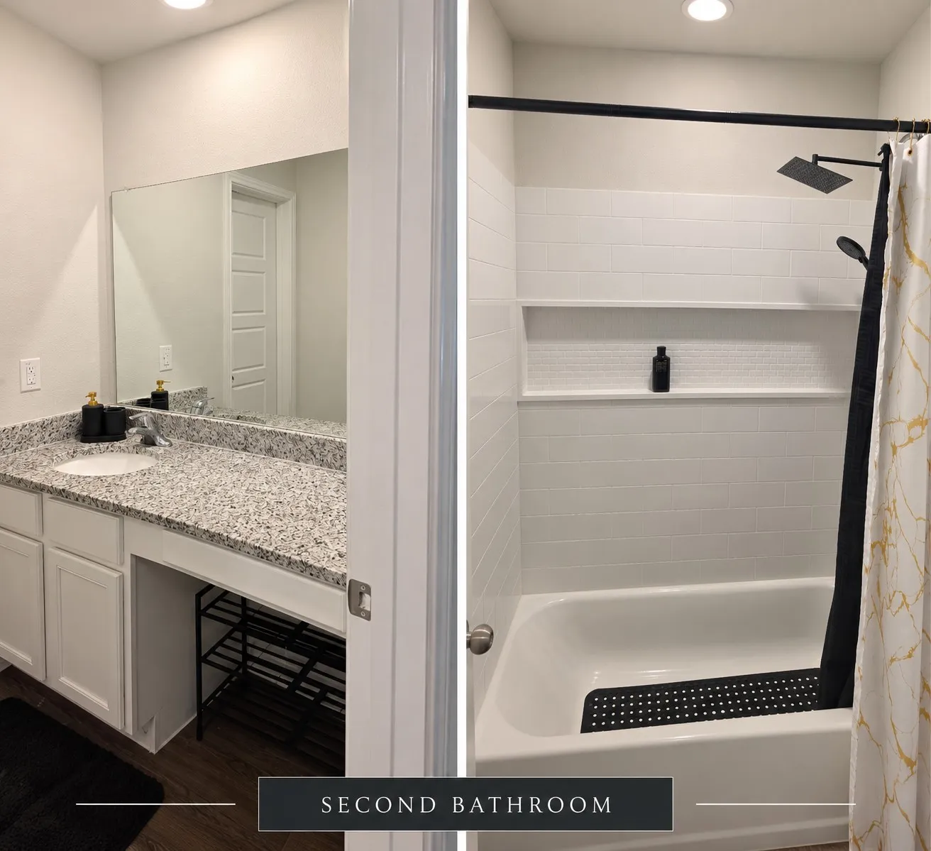Vanity with a granite countertop, undermount sink, and integrated mirror