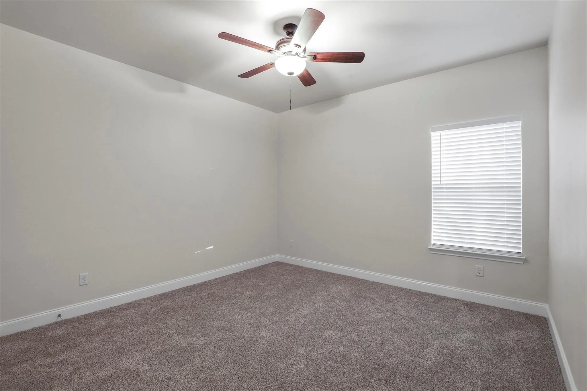 Neutral wall paint, plush carpet flooring, window with blinds, and a ceiling fan