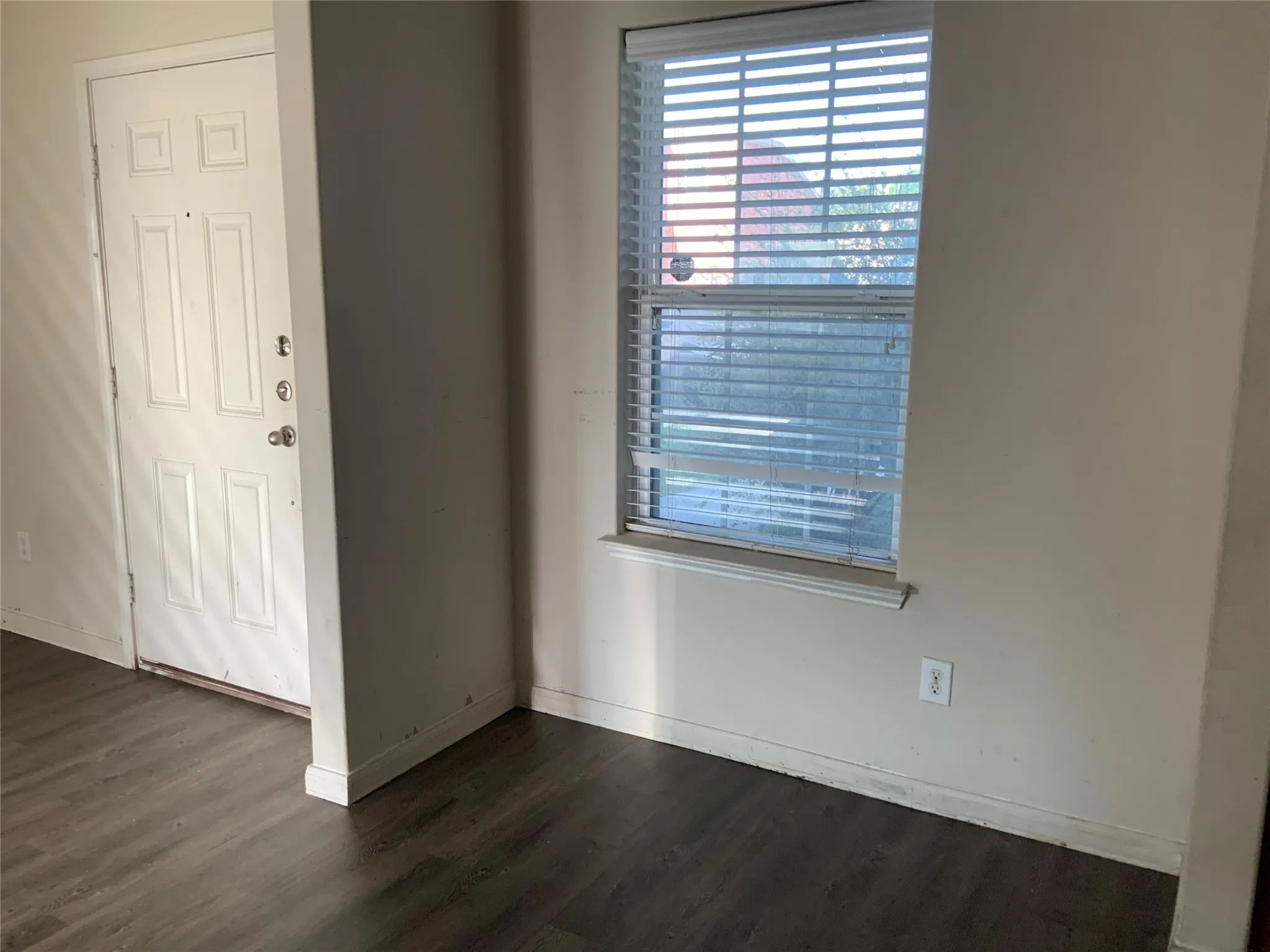 Wood-finish flooring with a white entry door featuring panel detailing