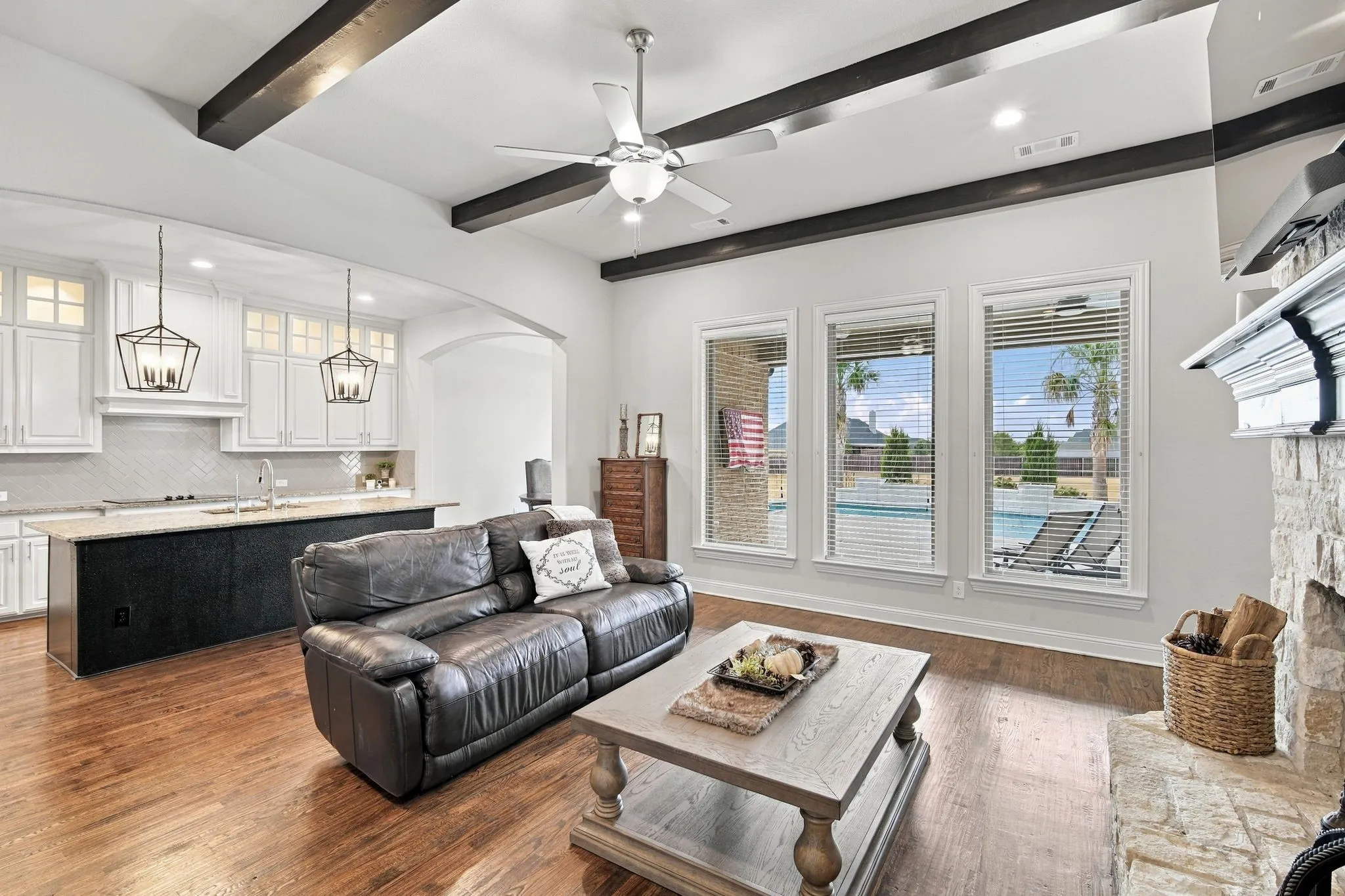 Wood beams, hardwood floors throughout,  and a great view!