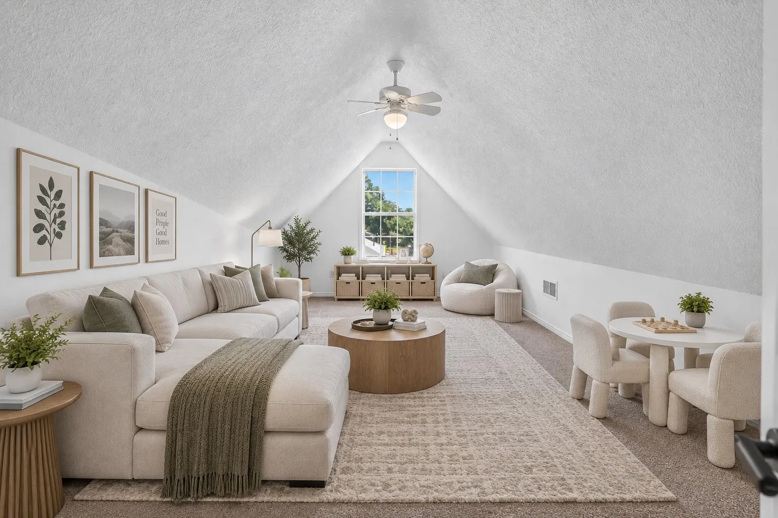 Vaulted ceiling room featuring a ceiling fan, window, and carpeted flooring