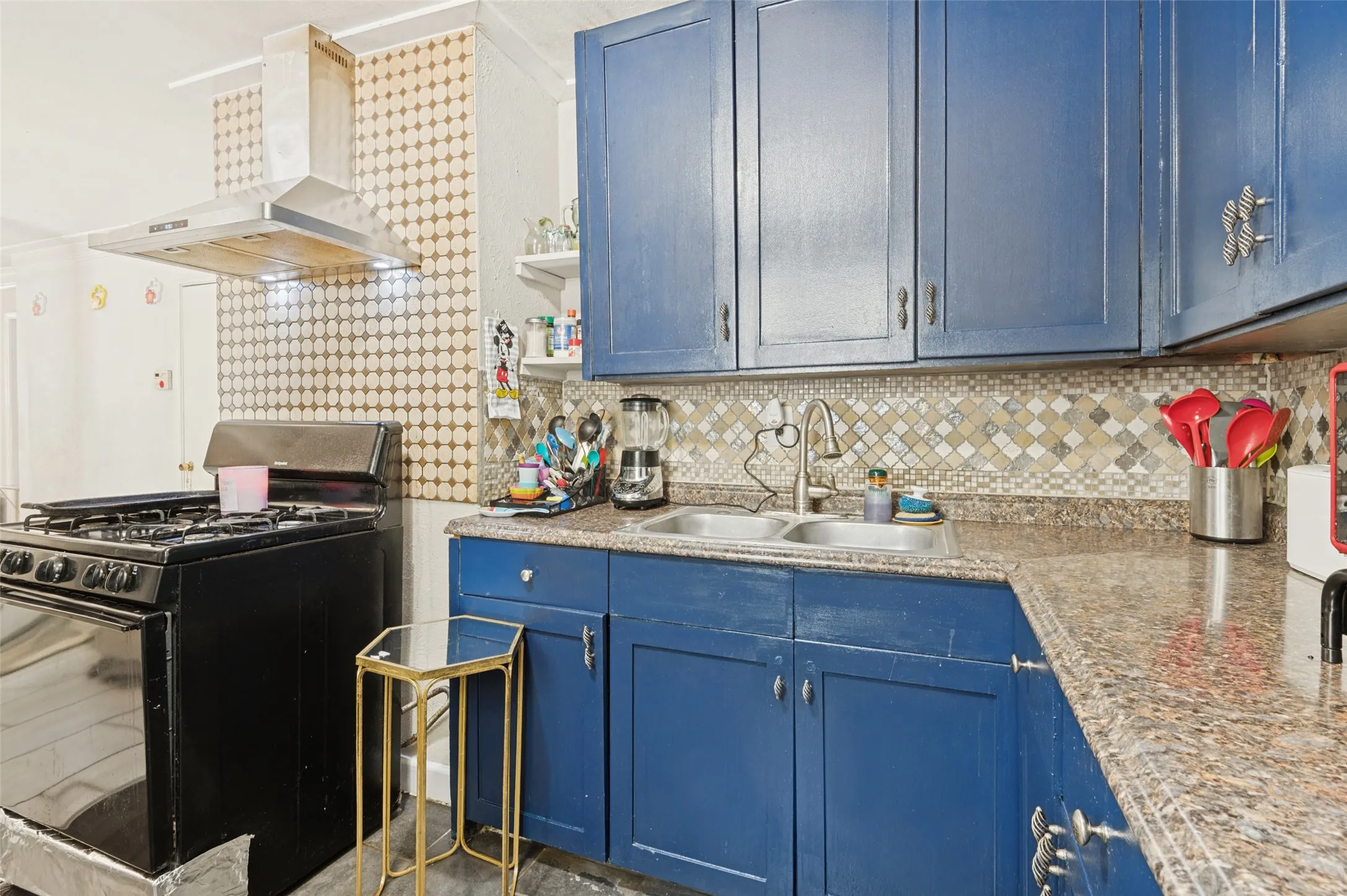 Blue cabinetry with silver-tone hardware, dual basin stainless steel sink, tile backsplash, and a stainless steel range hood