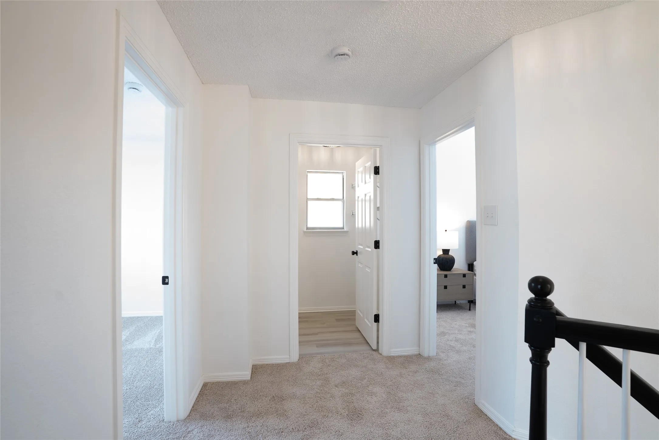 Carpeted hall with white walls and trim, black door hardware, and a black baluster