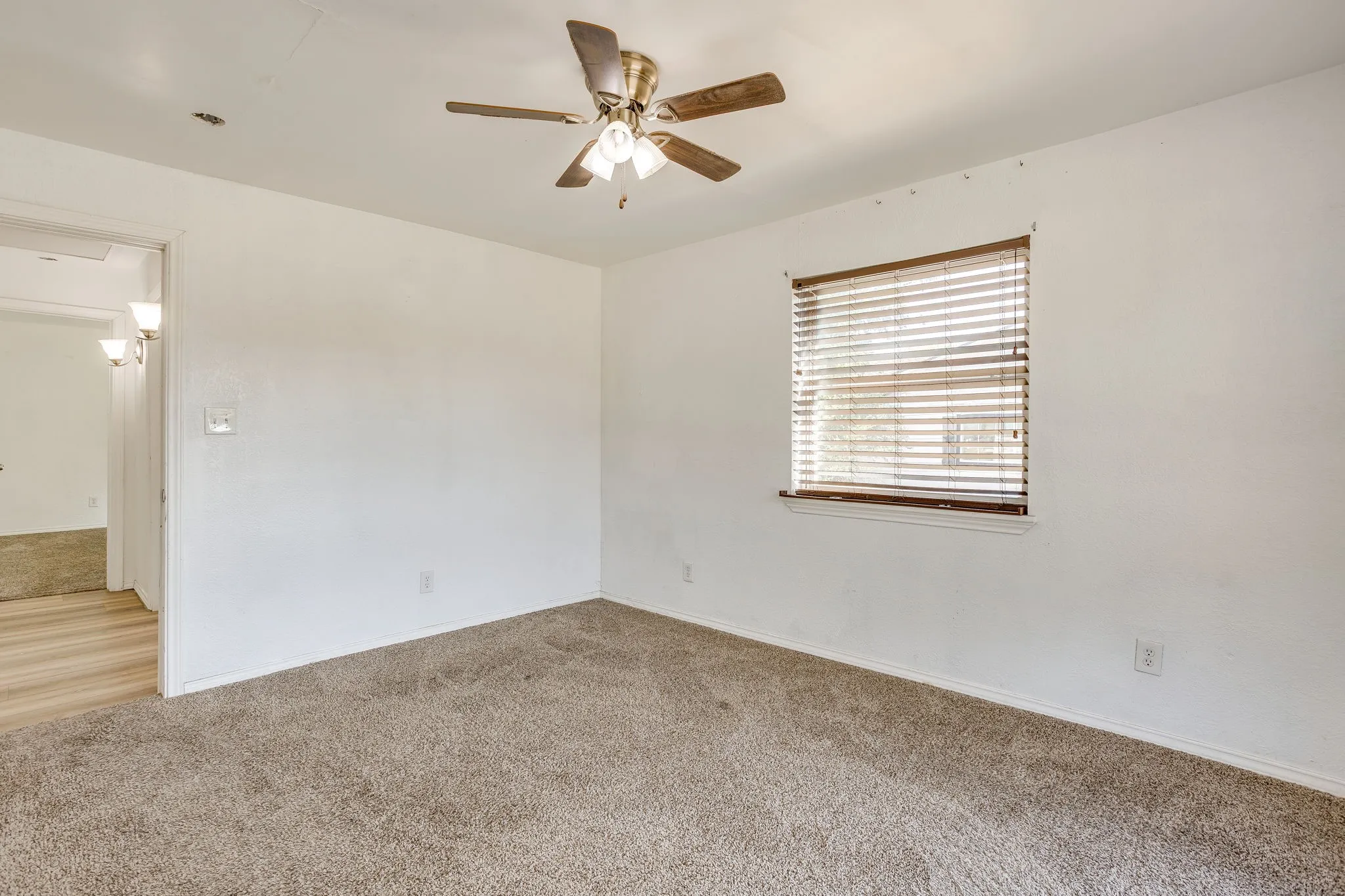 Primary bedroom with walk in closet, carpet updated in 2024, ceiling fan.