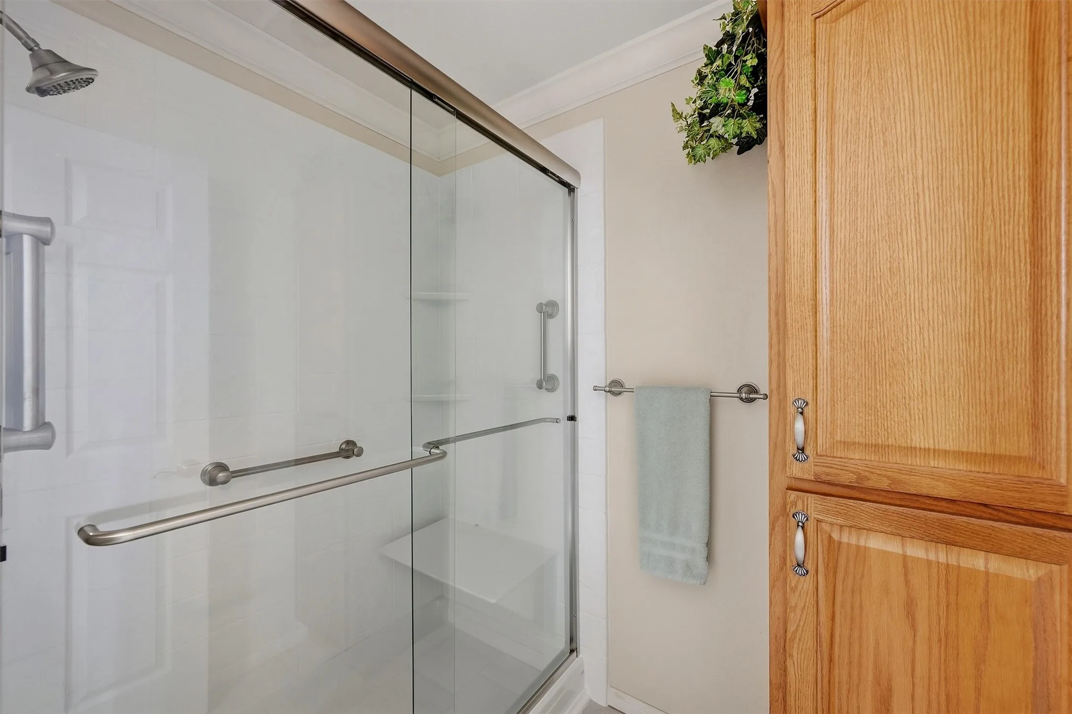 Glass-enclosed shower with a built-in seat, a handheld showerhead, and grab bars