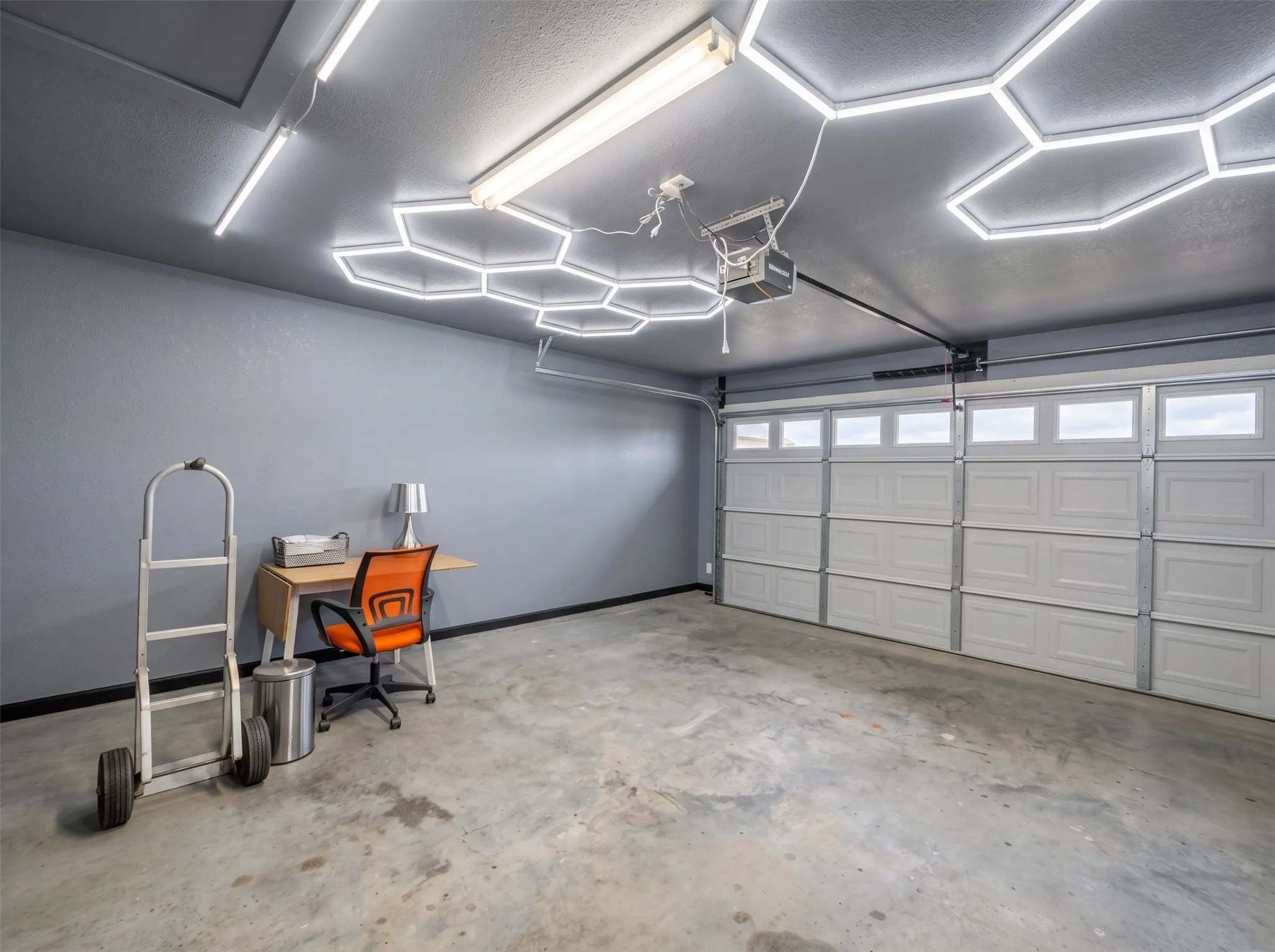 Concrete flooring, painted walls, garage door with upper window panels, overhead fluorescent lighting, and hexagonal ceiling lighting