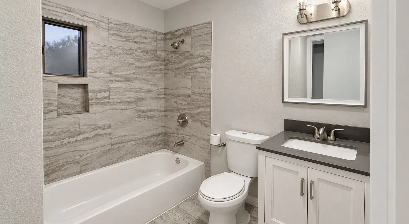 Bathroom featuring a built-in tub with a tile surround, recessed shower niche, frosted window, a vanity with a dark countertop, and a framed mirror