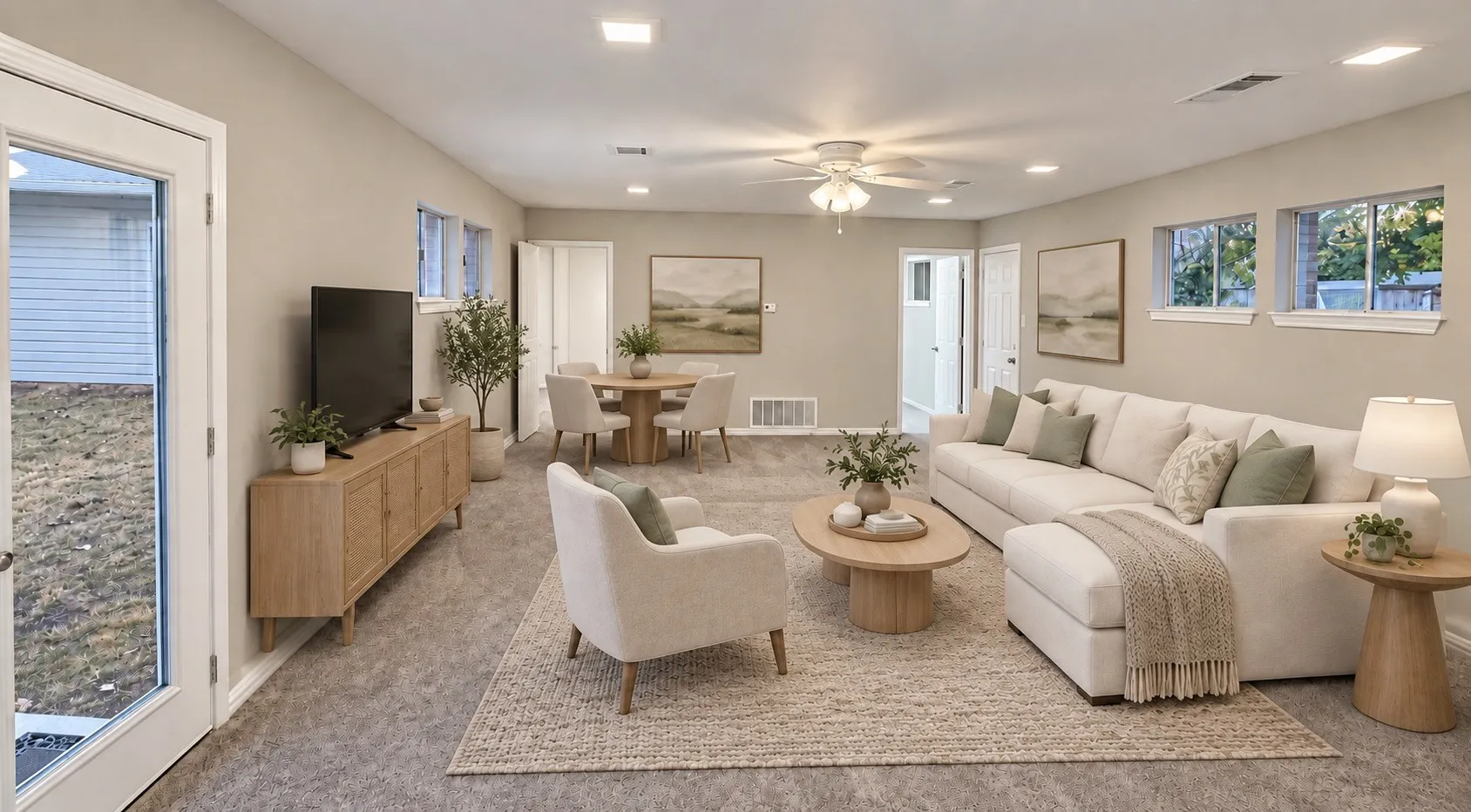 Recessed lighting, ceiling fan, multiple windows, light neutral wall color, and a glass-paneled exterior door. Virtually staged.