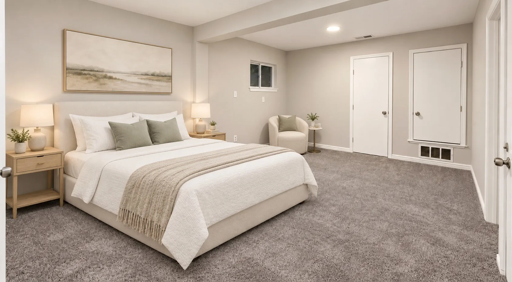 Soft gray carpeting, light-toned walls, recessed lighting, and a white-framed window. Virtually staged.
