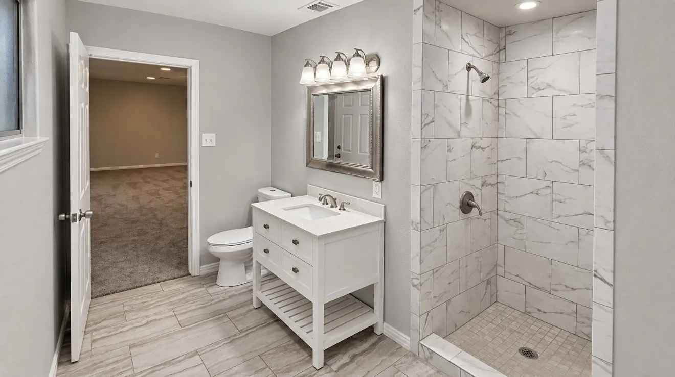 Bathroom featuring a walk-in shower with tile surround, a single vanity with storage, and tile flooring