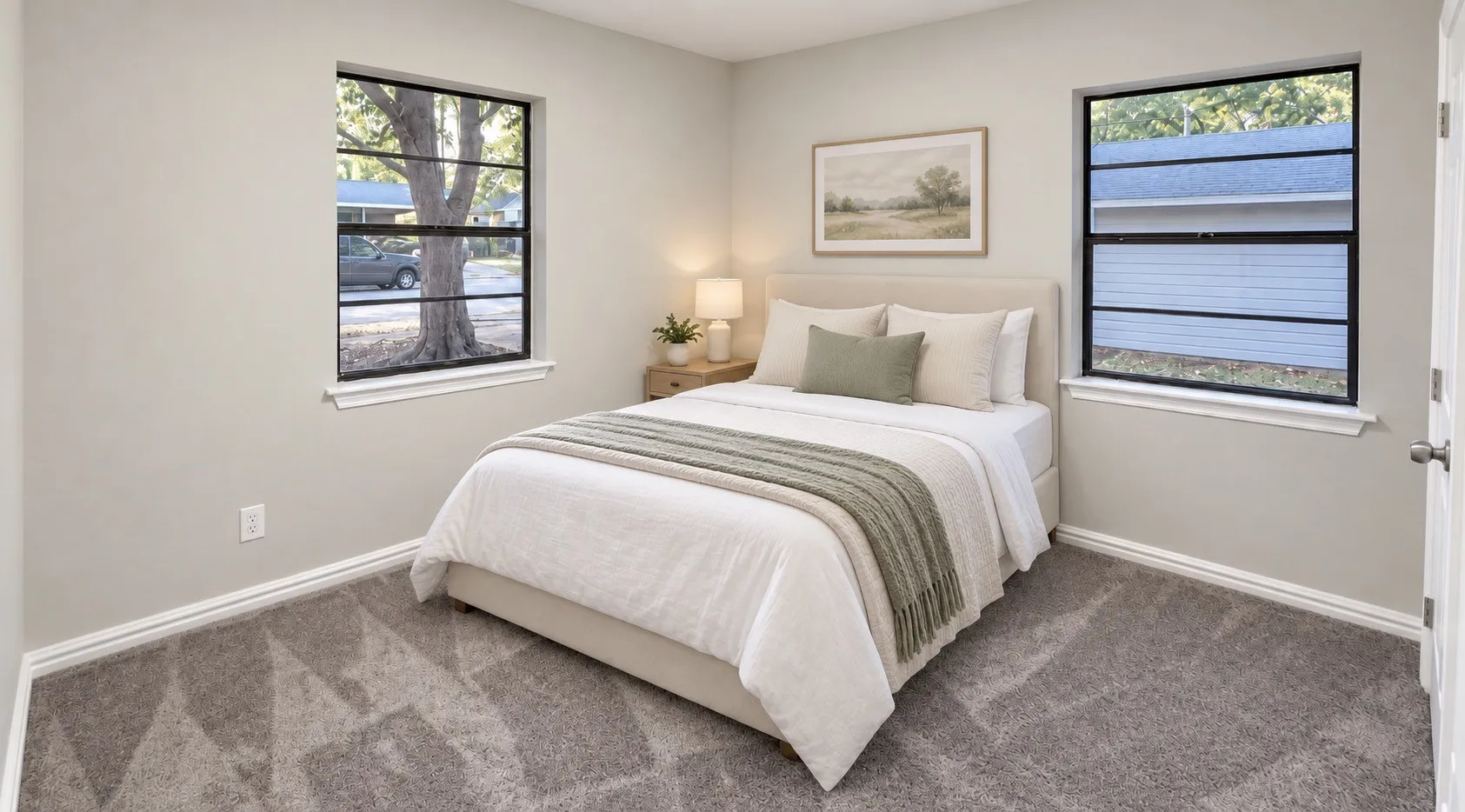 Plush carpeting, neutral wall color, two windows with black frames, and white trim. virtually staged.