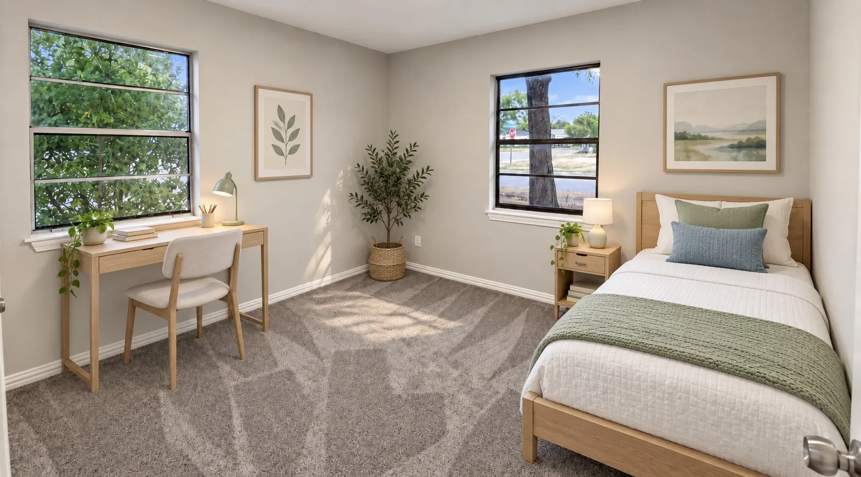 Light gray walls, patterned carpeting, and multiple windows. Virtually staged.