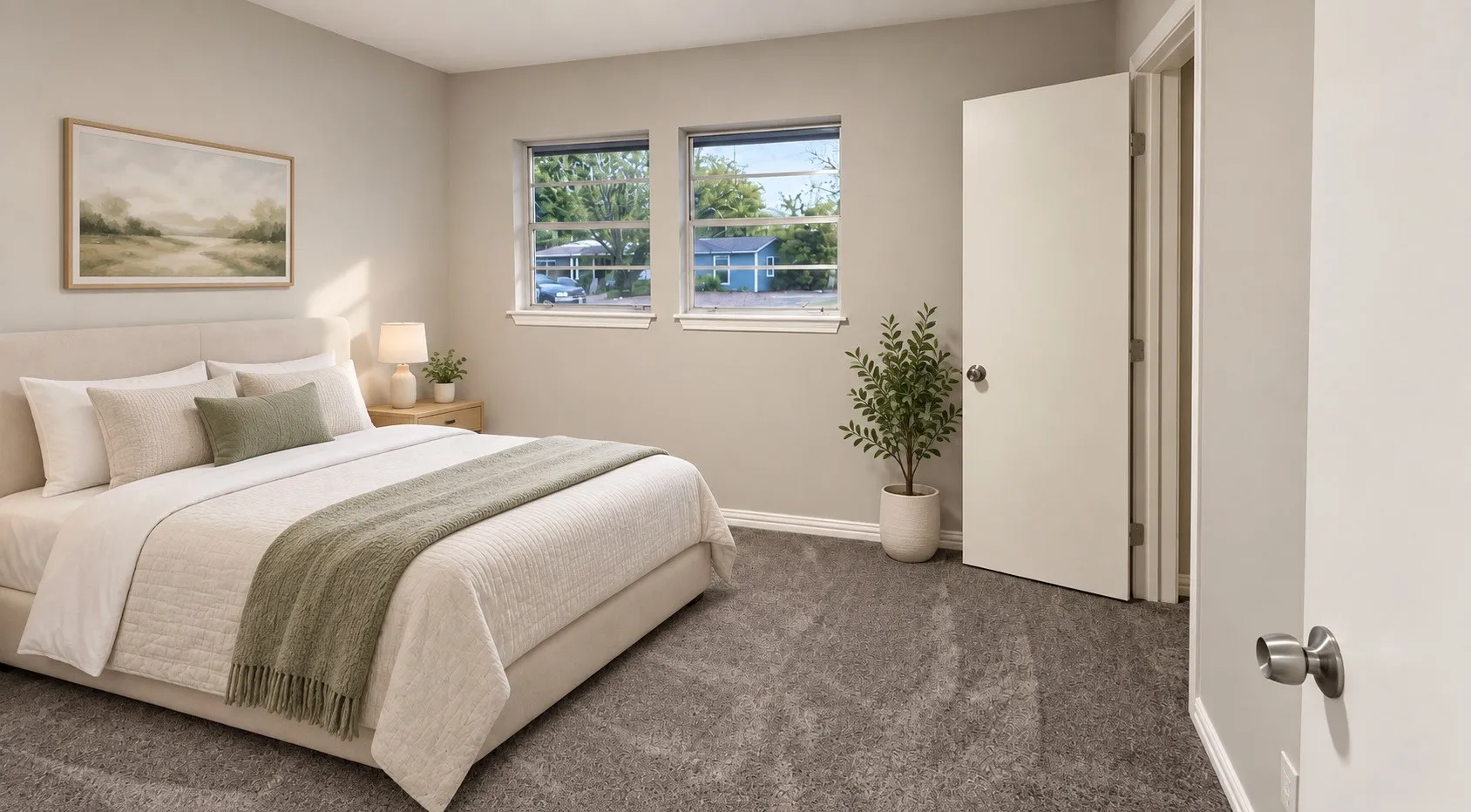 Plush carpeting, neutral wall tones, two pane windows, and a solid core door with brushed nickel hardware. Virtually staged