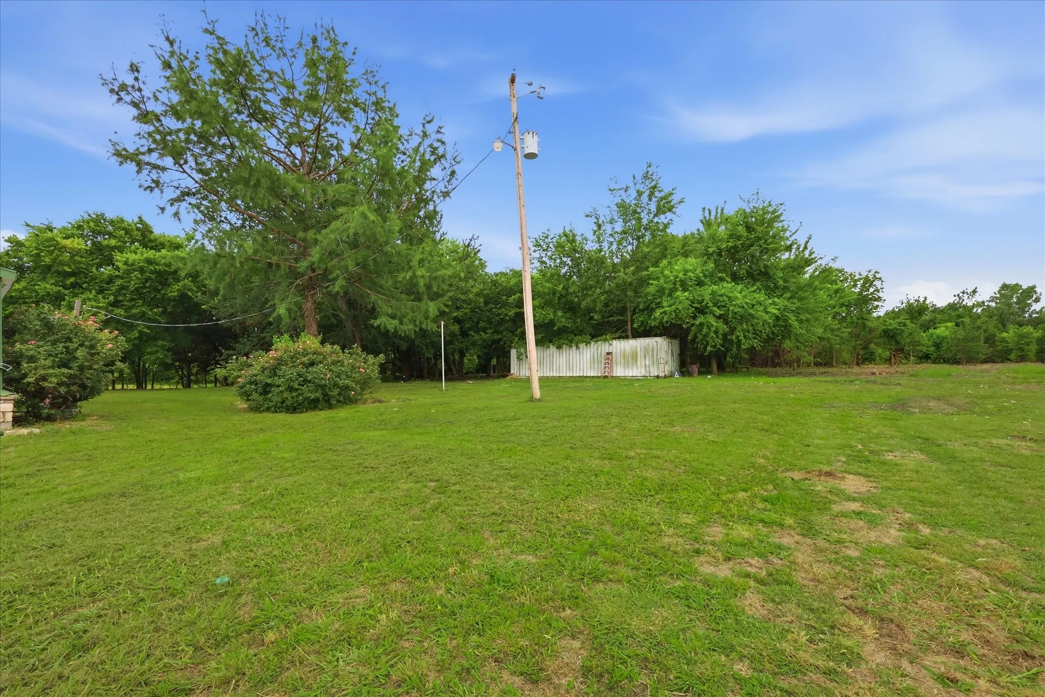 Expansive grassy area featuring mature trees and a partial wood fence