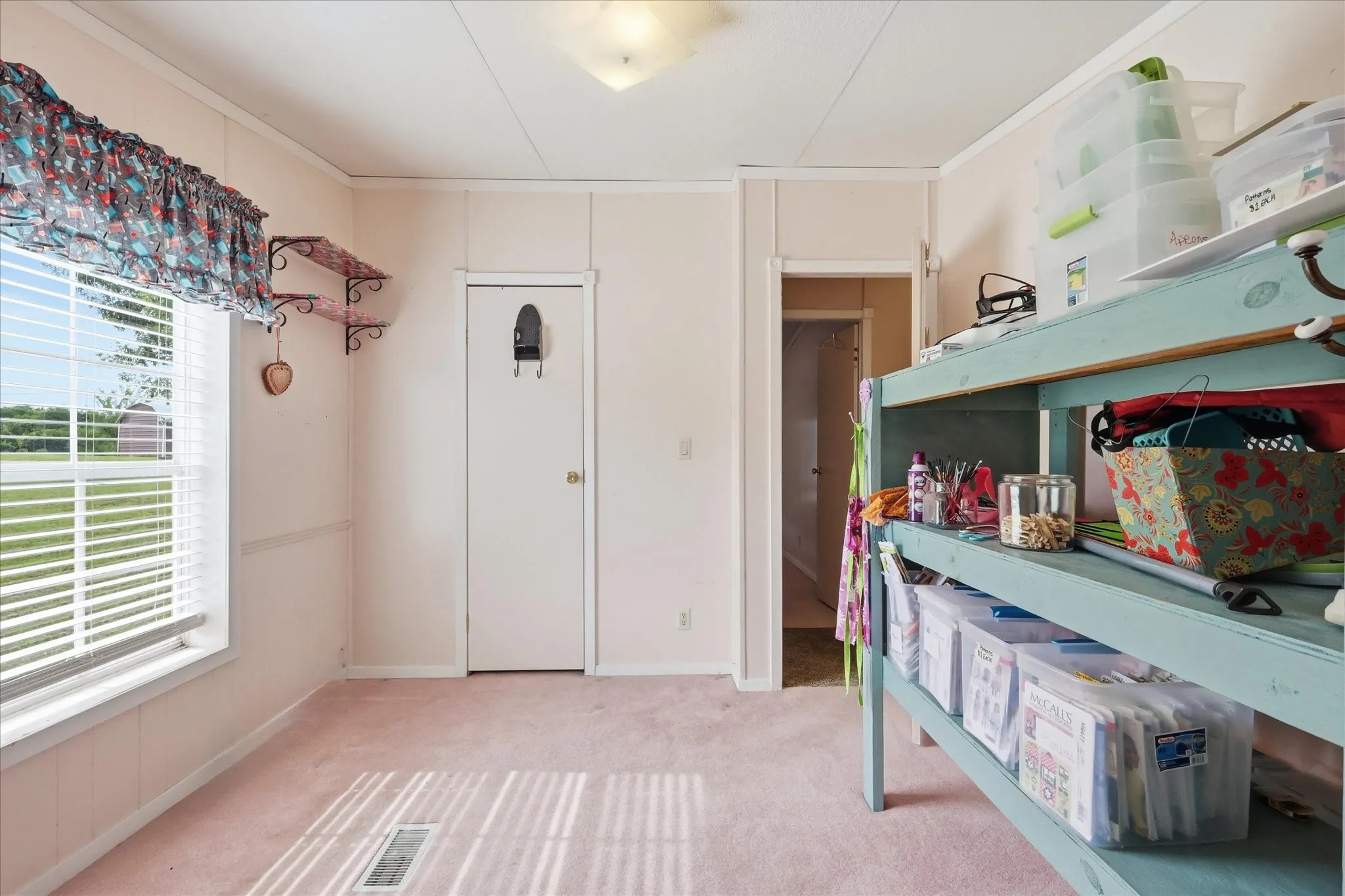 Wall-to-wall carpeting with a bright window featuring horizontal blinds