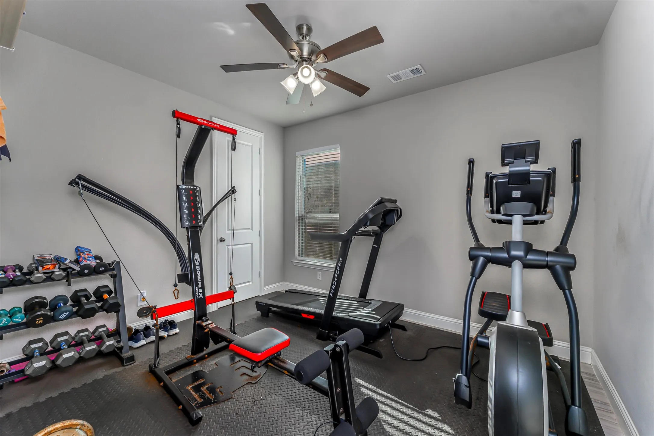 Recessed lighting, ceiling fan, neutral wall paint, white trim, and a window with blinds
