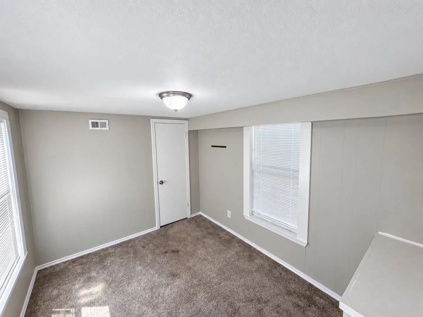 Neutral-toned walls, carpeted flooring, and a flush-mount ceiling light