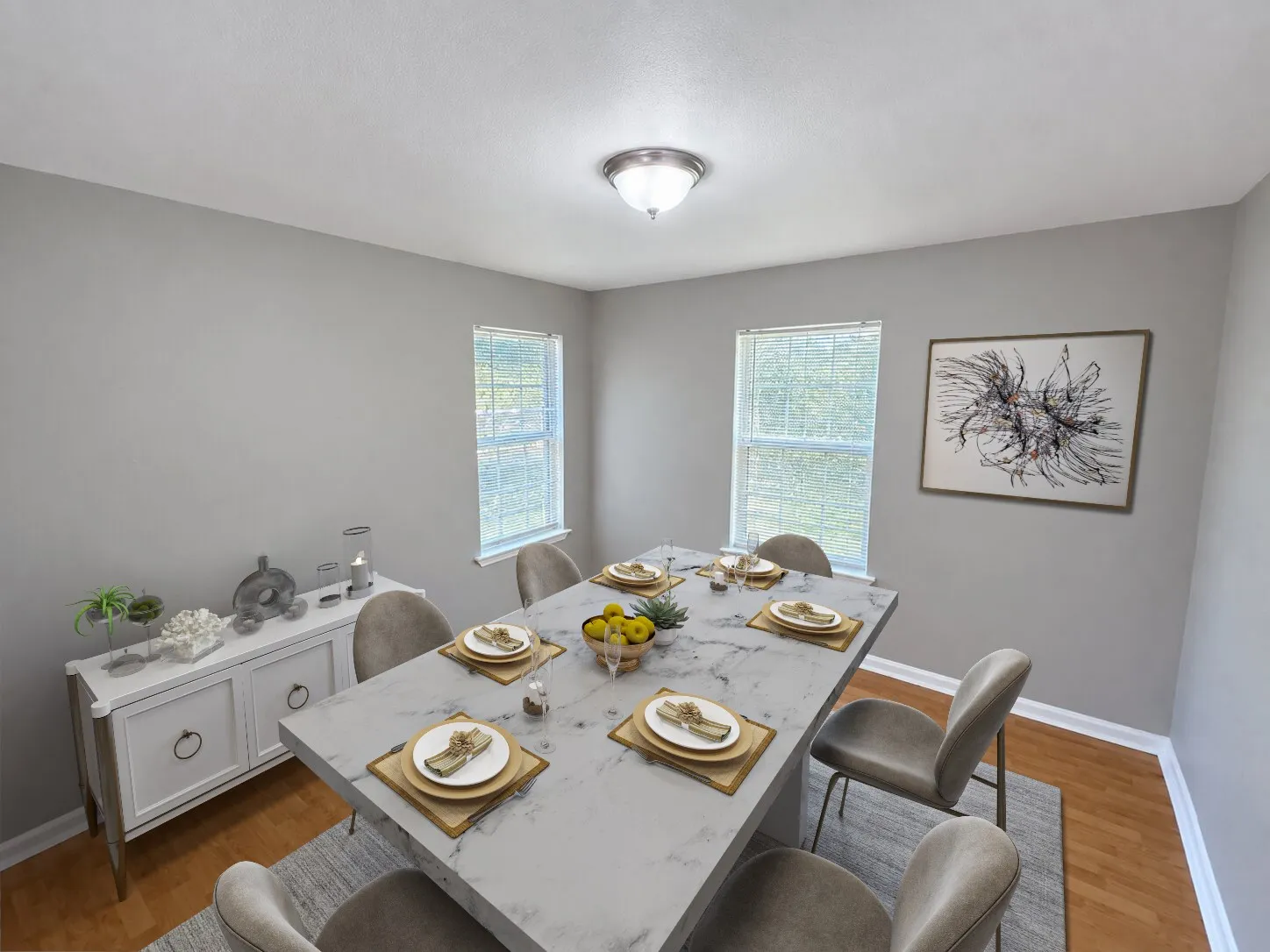Virtually staged -
Recessed ceiling light fixture, two windows with gridded panes, light wood-finish flooring, and a built-in white cabinet with ring pull hardware