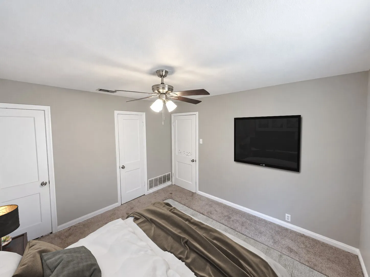 Virtually staged -
Light gray wall color with white trim