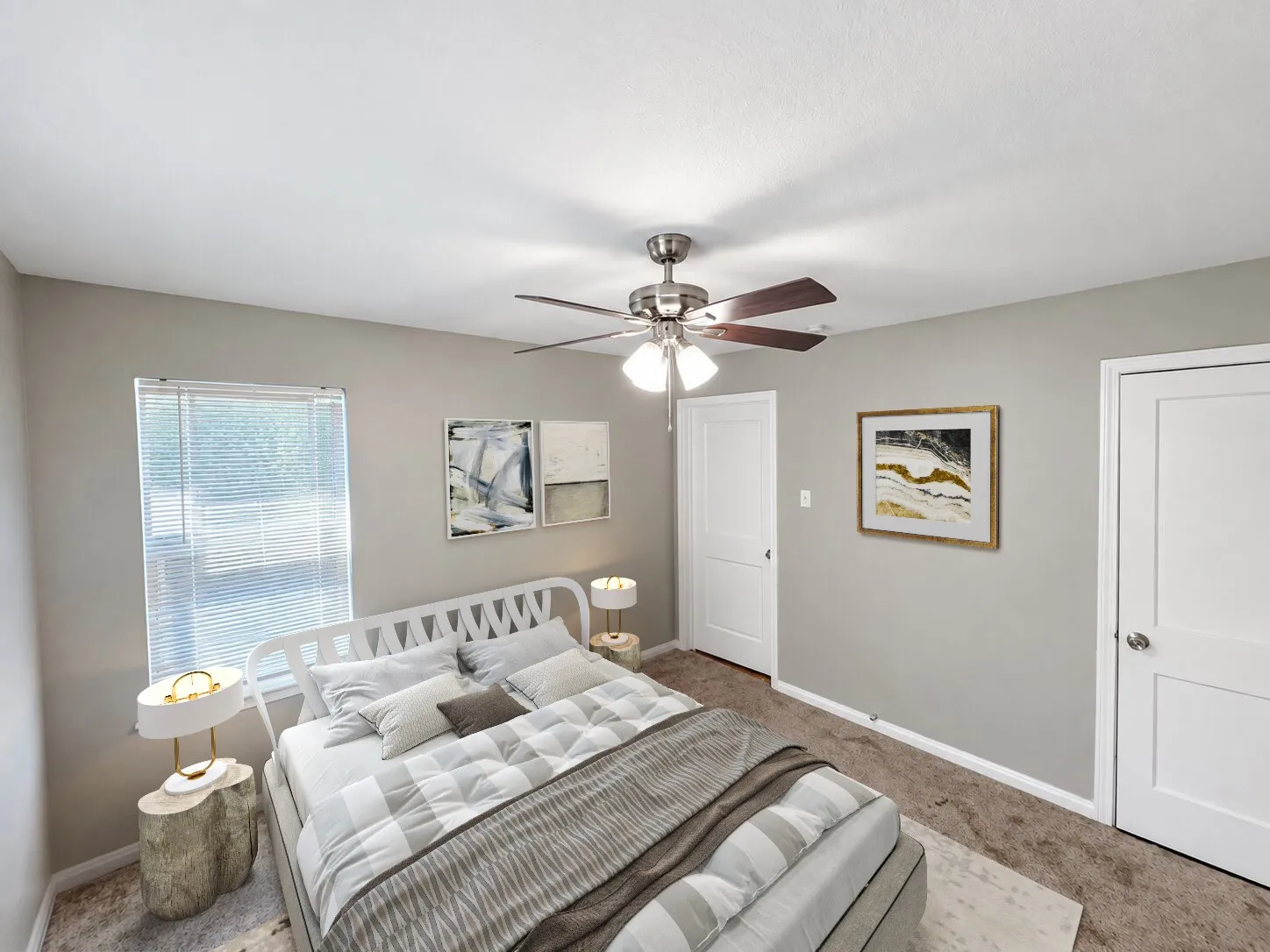 Virtually staged -
Neutral-toned walls complement plush carpeting