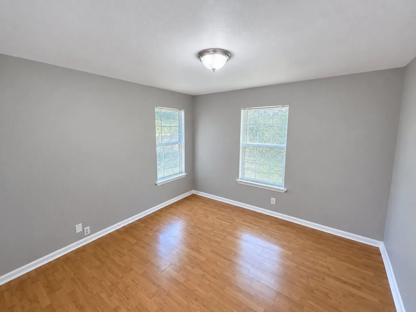 Wood-finish flooring, neutral gray wall tones, and two windows with white trim