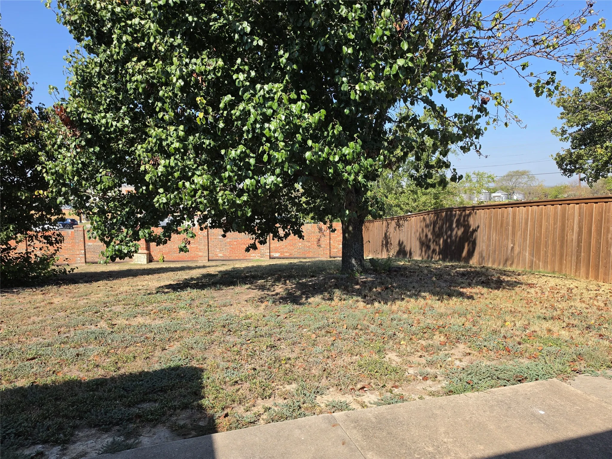 Expansive backyard featuring a mature tree, wood privacy fencing, and a brick wall