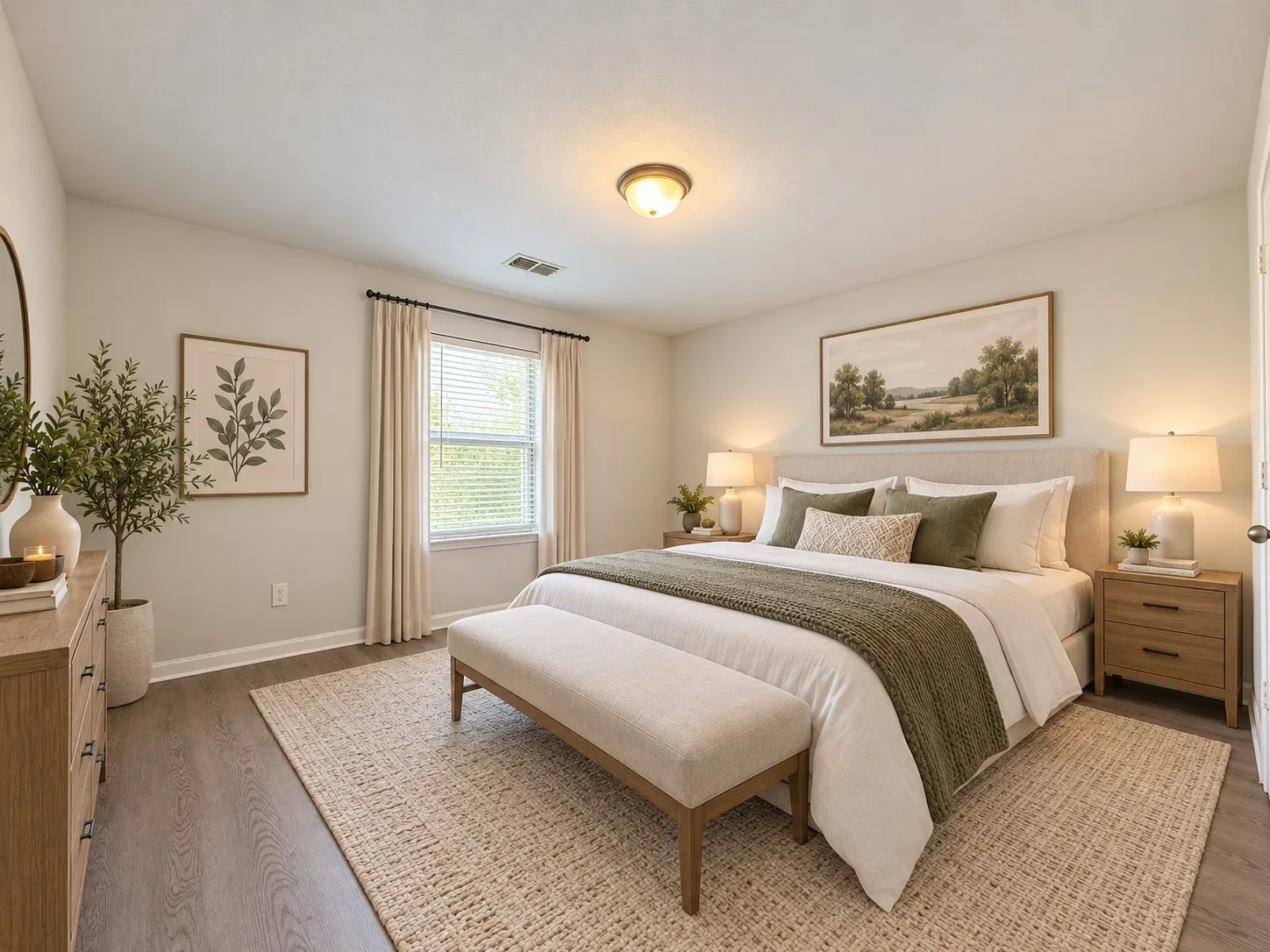 Neutral wall tones, recessed lighting, expansive window with blinds, wood-finish flooring, and a flush mount ceiling fixture