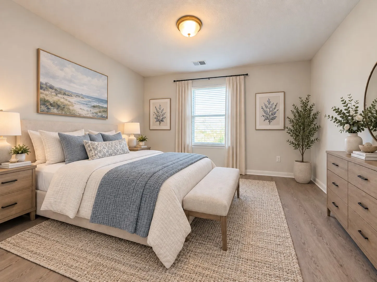 Recessed lighting, window with blinds, wood-finish flooring, ceiling-mounted light fixture, light gray wall paint