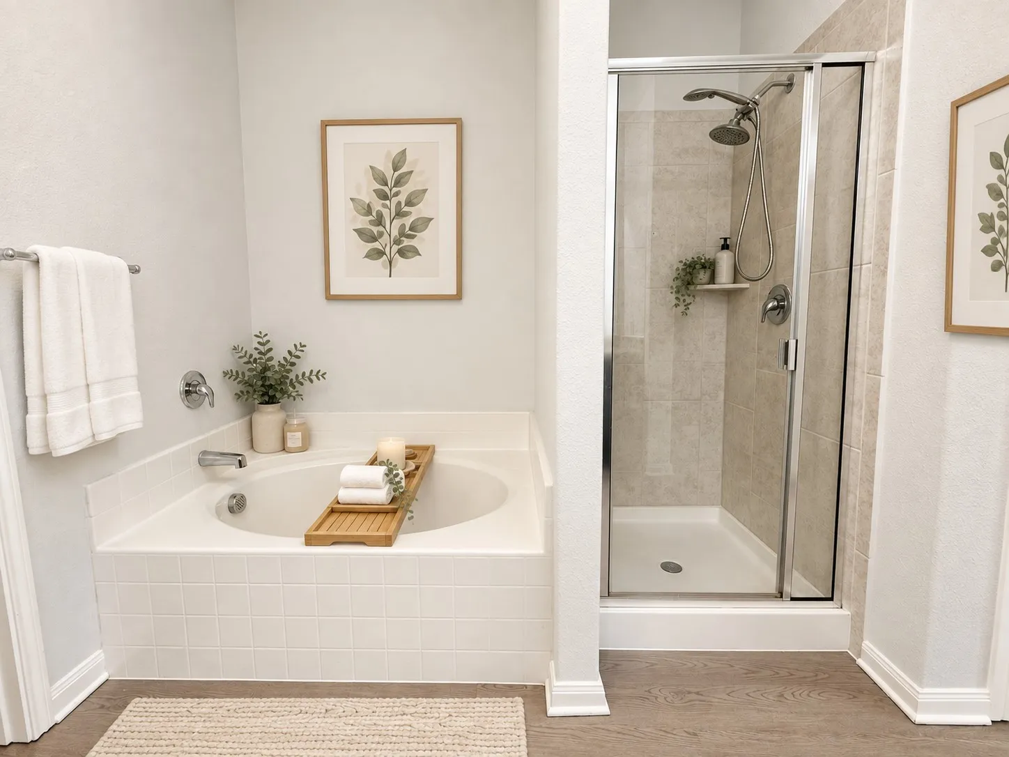 Soaking tub with white tile surround, adjacent to a glass-enclosed shower with tiled walls