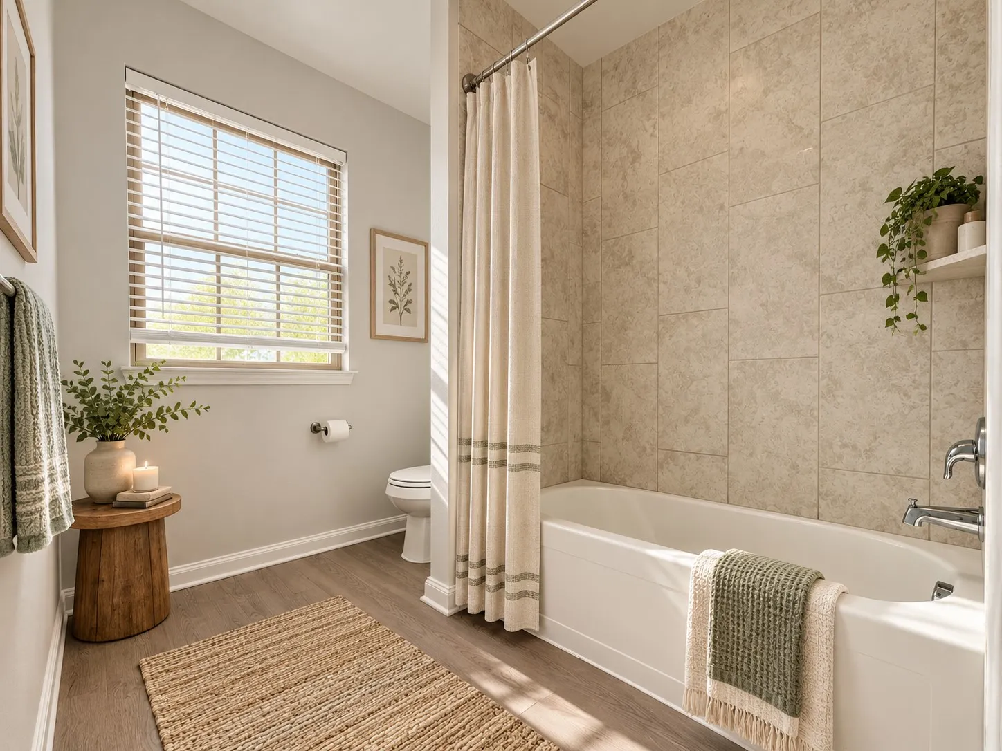 Full-size bathtub with tiled surround, wood-finish flooring, and window with blinds
