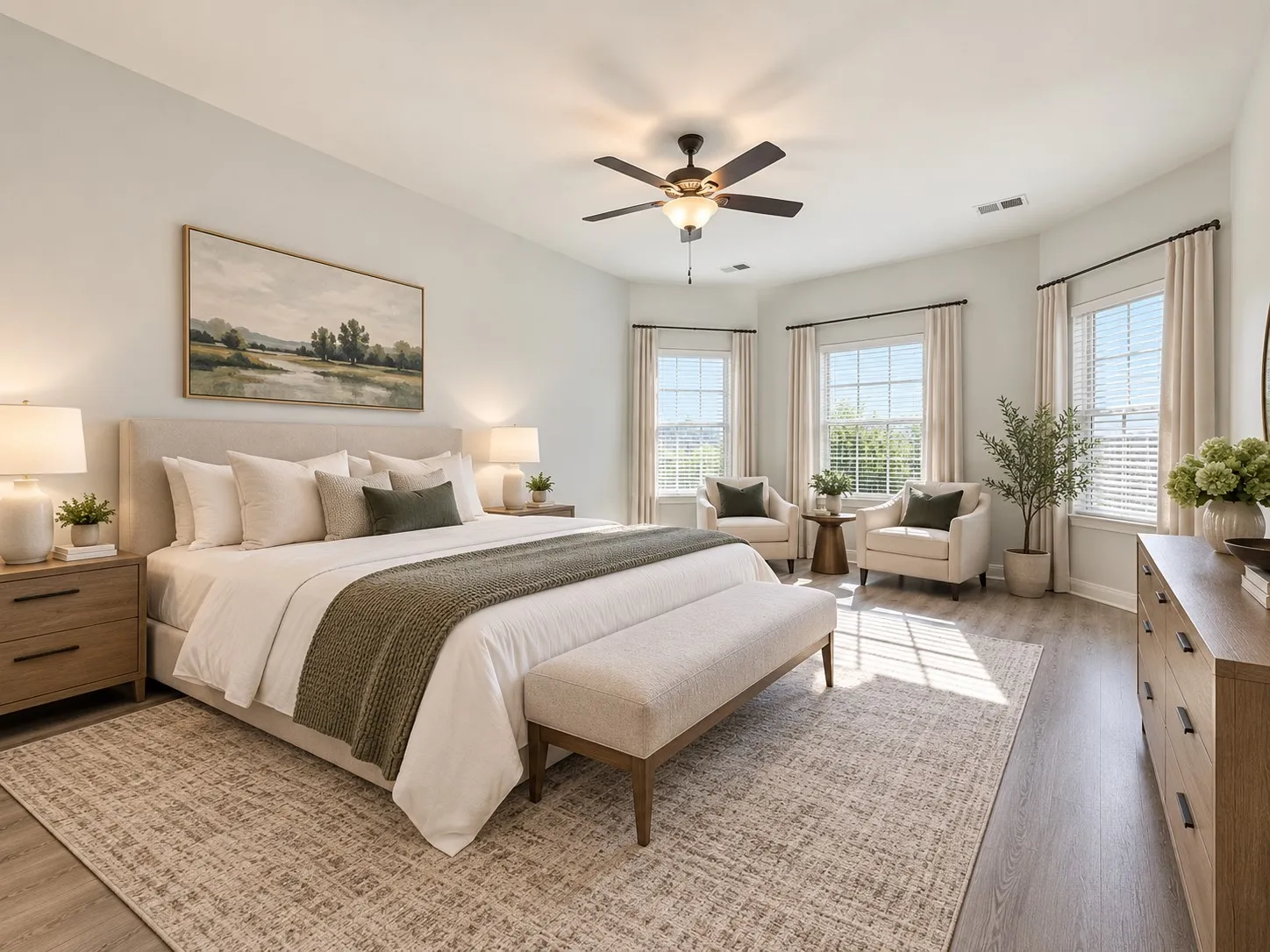 Recessed lighting, wood-finish flooring, ceiling fan, and multiple windows with blinds