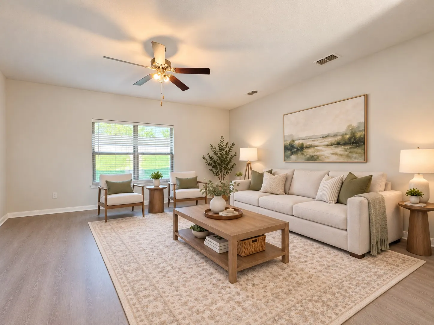 Recessed lighting, wood-finish flooring, ceiling fan, and window with blinds
