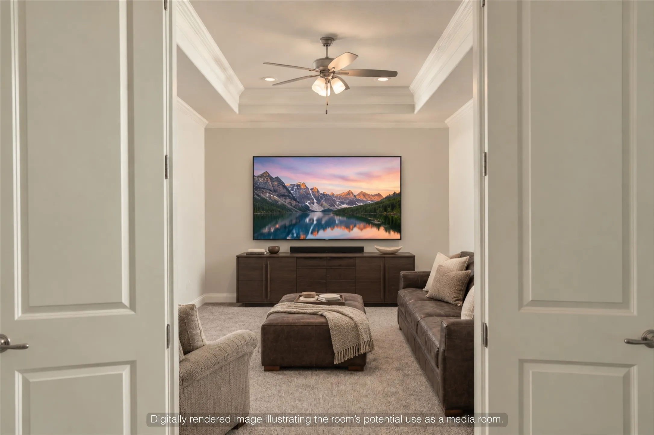 A dedicated media room creates a comfortable destination for movie nights, streaming and game days without overtaking the main living space.