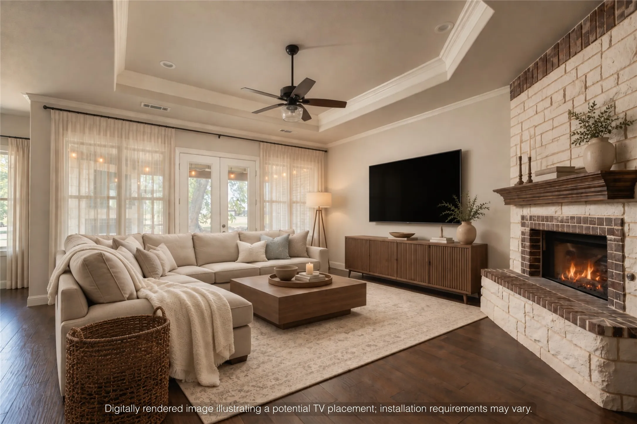 The main living room combines generous proportions, hardwood flooring and a fireplace focal point while remaining open to the kitchen. Digitally rendered to illustrate potential.