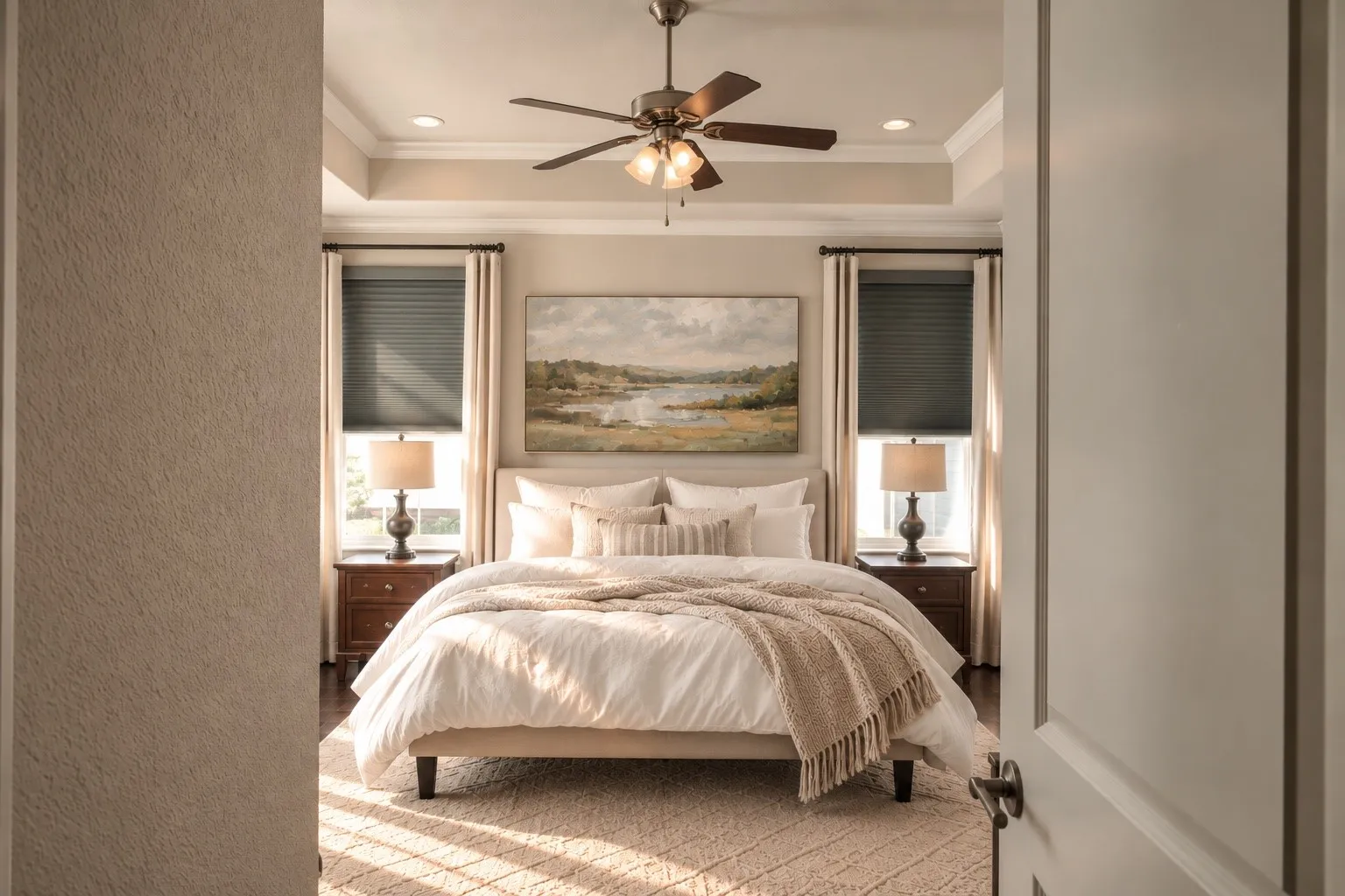 The owner’s suite feels intentionally removed from the pace of the home, creating a private retreat with hardwood floors, elevated ceiling detail and a peaceful connection to the property. Digitally rendered to illustrate potential.