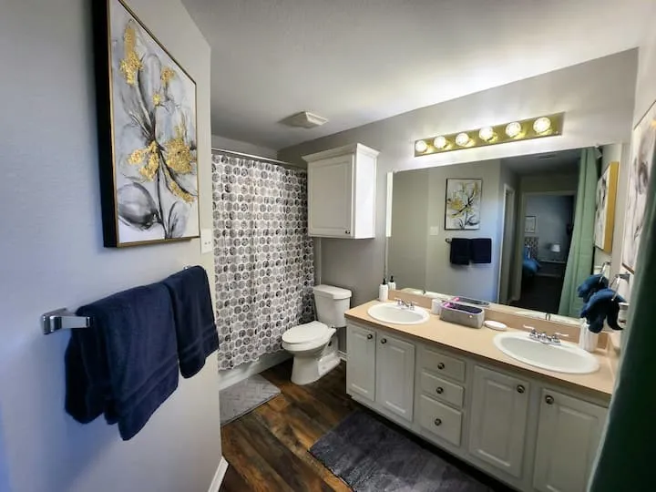 Dual vanity with integrated sinks, wood-finish flooring, and a built-in storage cabinet