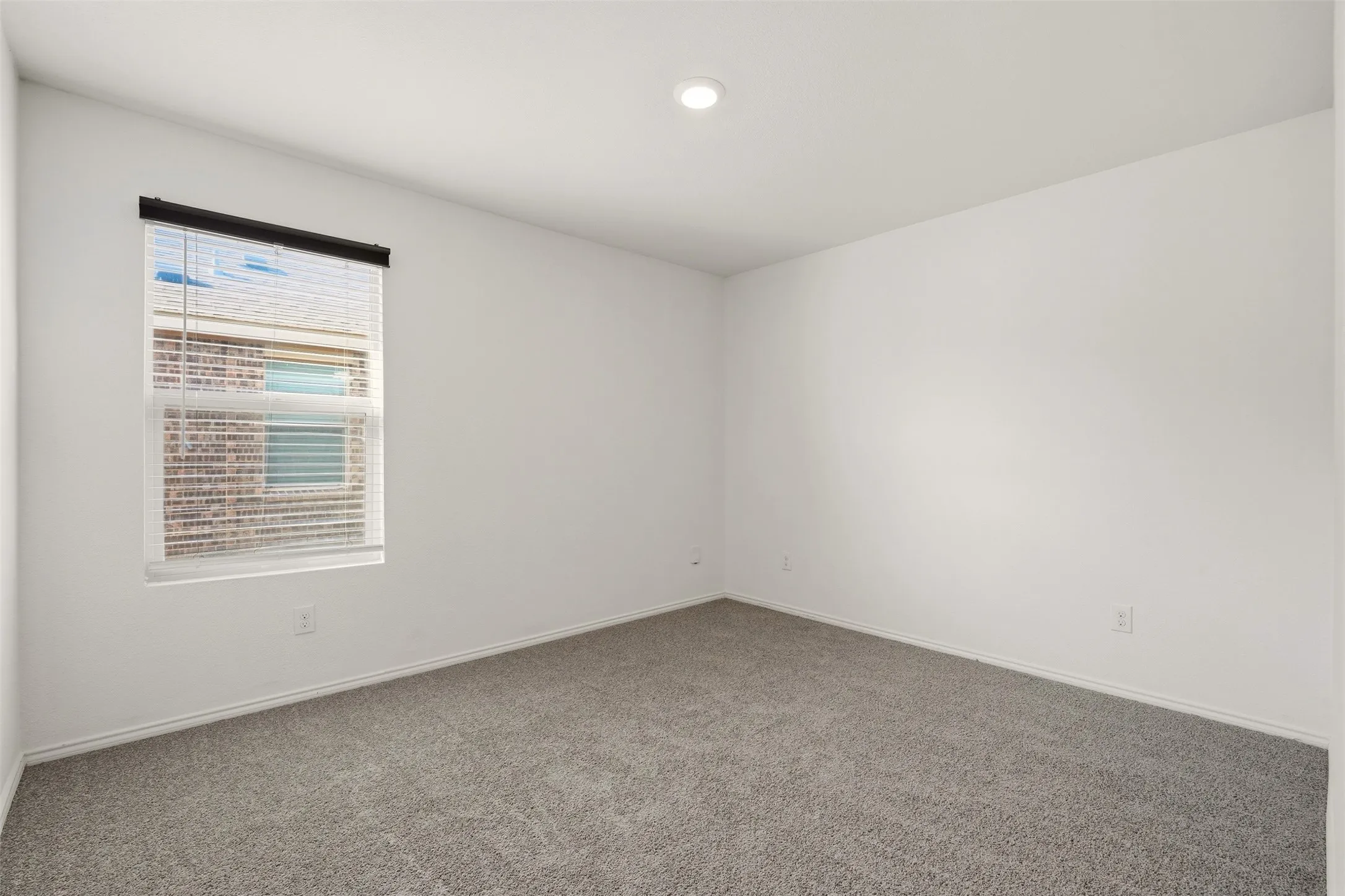Recessed ceiling light, neutral wall paint, single window with blinds, and gray carpeting