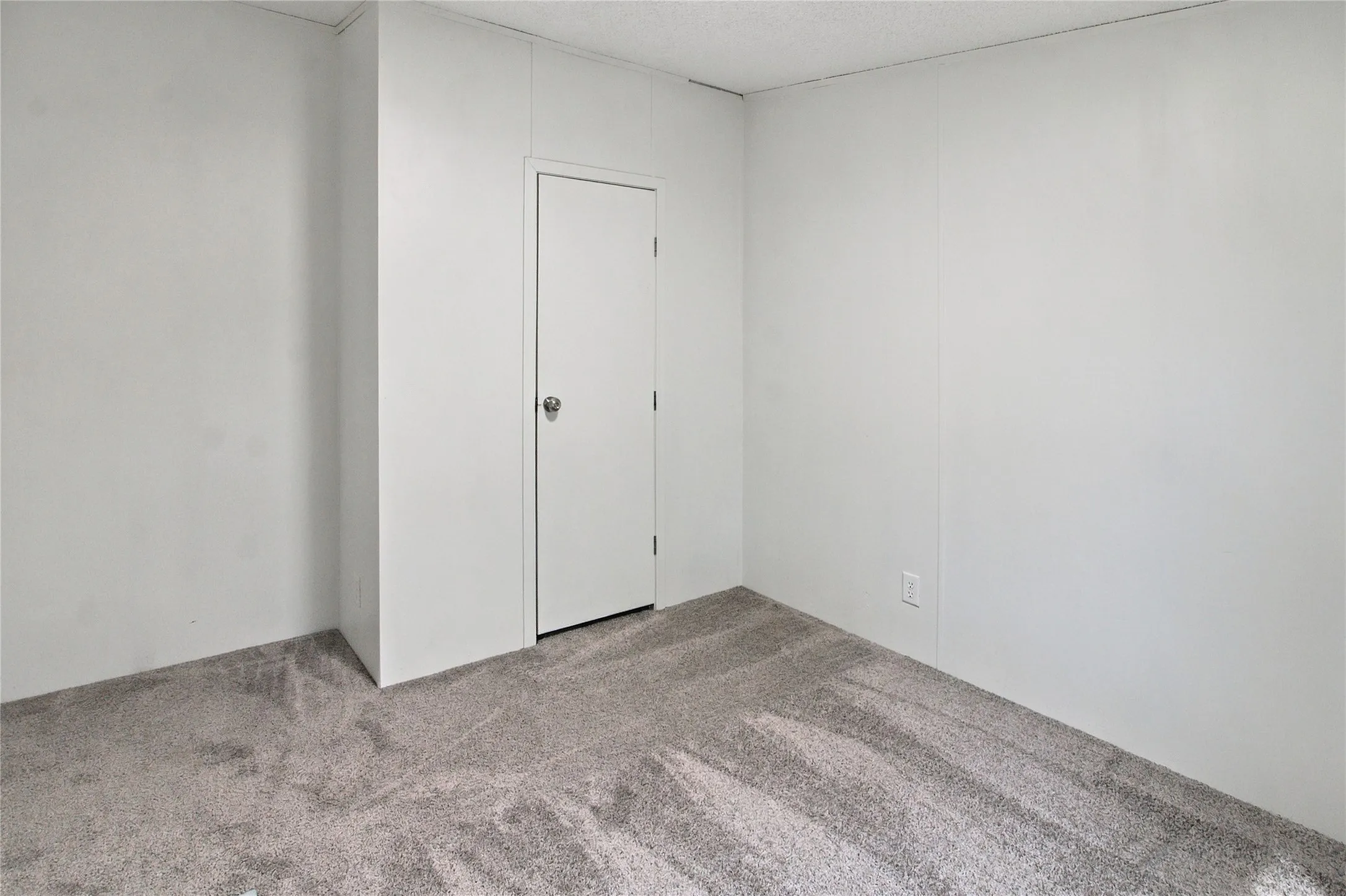 Plush gray carpeting and white paneled walls