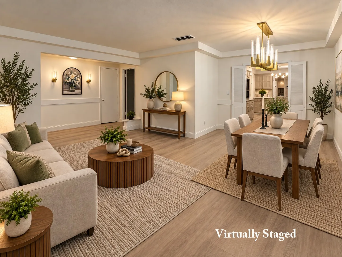 Expansive living and dining areas featuring wood-finish flooring, recessed lighting, and a modern rectangular chandelier