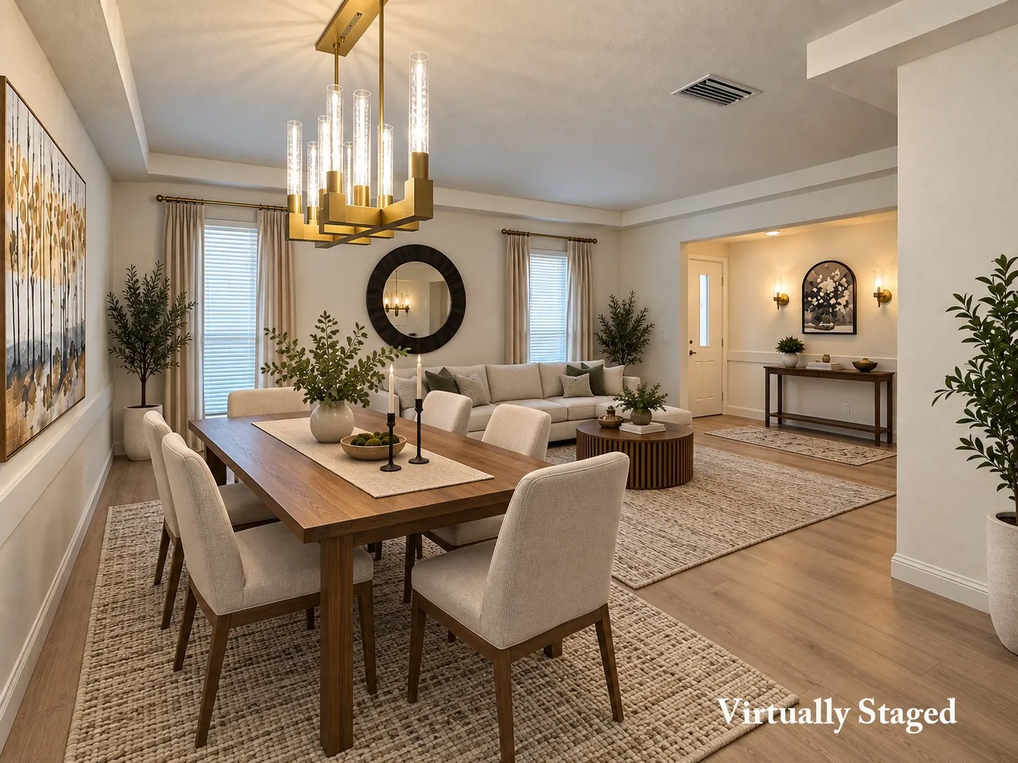 Recessed lighting, wood-finish flooring, accent wall paneling, modern chandelier, and decorative wall sconces