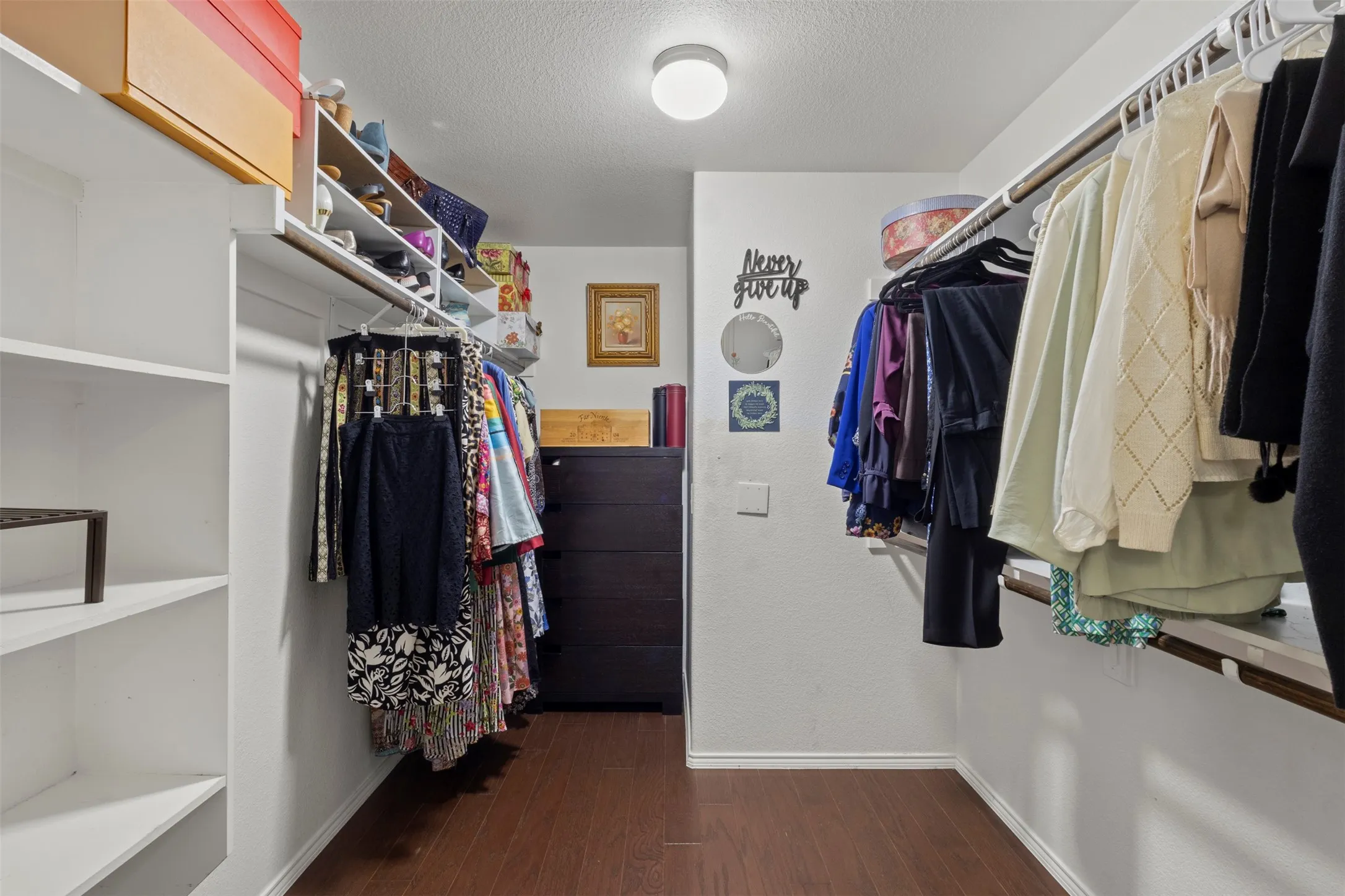 Walk-in closet featuring wood-finish flooring, built-in shelving, and multiple hanging rods
